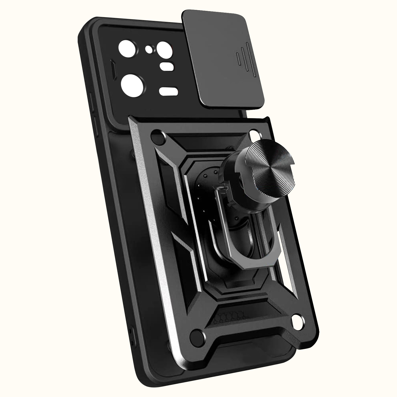 Eine schwarze Handyhülle mit Kameraabdeckung, Ringhalter und strukturiertem Design.
