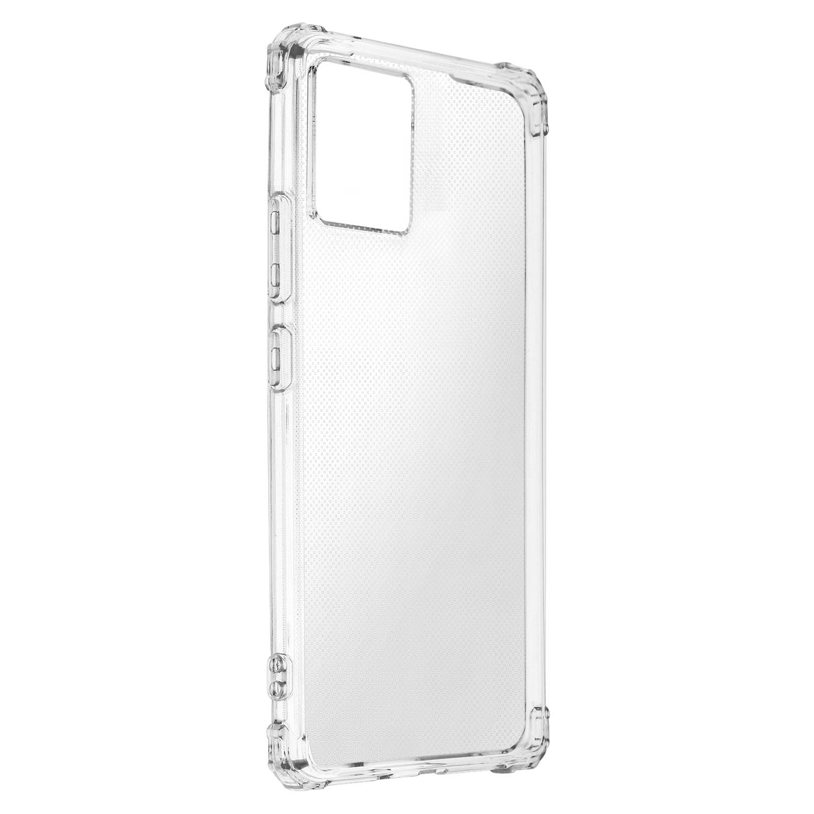 Een doorzichtige telefoonhoes. De hoes heeft een transparante achterkant met een gestippelde textuur en beschermende randen.