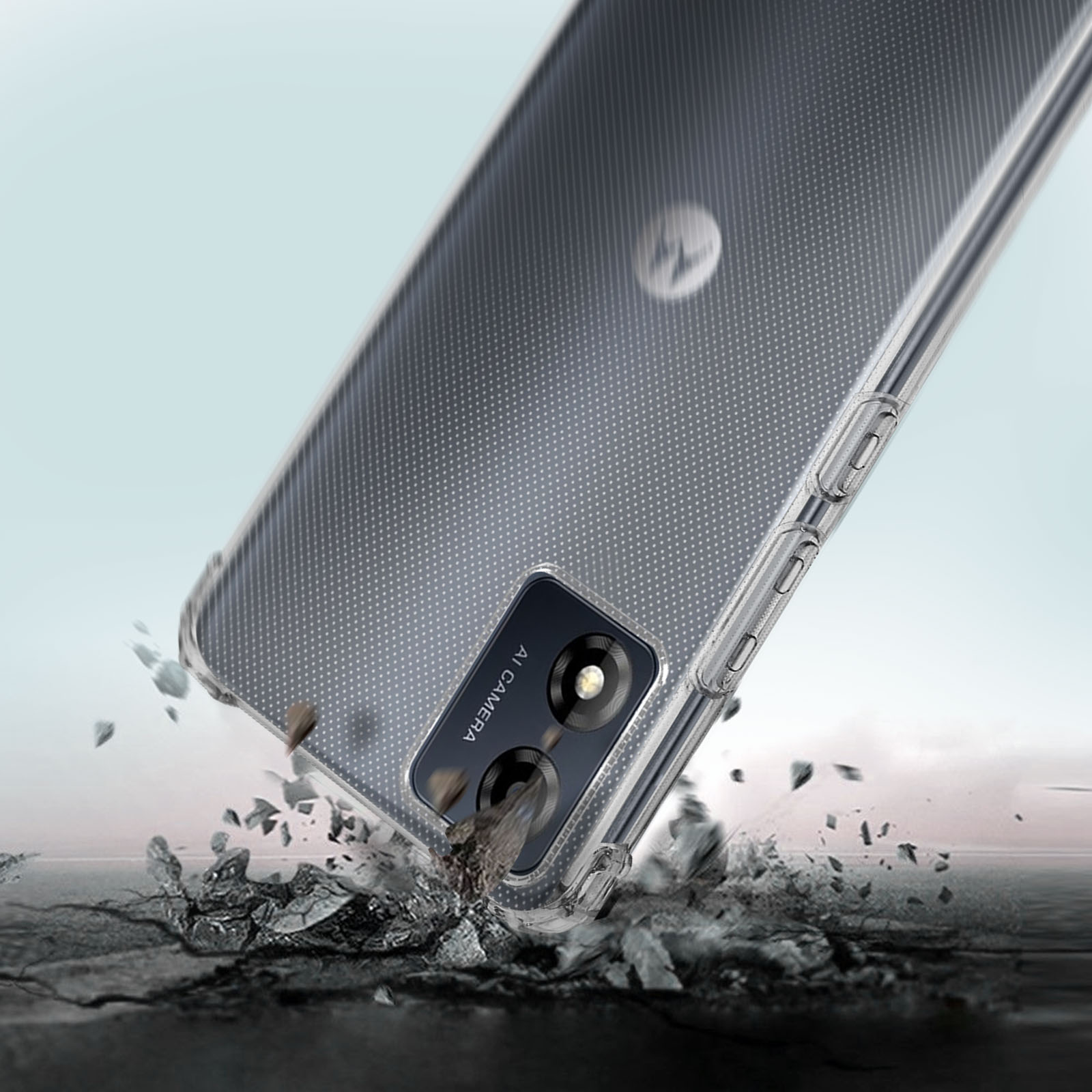 Een transparant telefoonhoesje met de telefoon erin. De telefoon valt en barst op de grond.