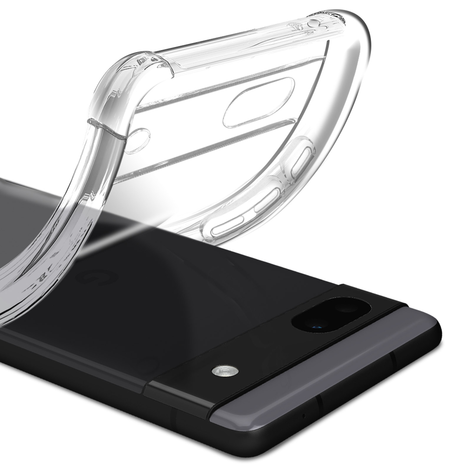 Transparante telefoonhoes over een zwarte telefoon. De hoes is gebogen, met een camera-uitsparing.