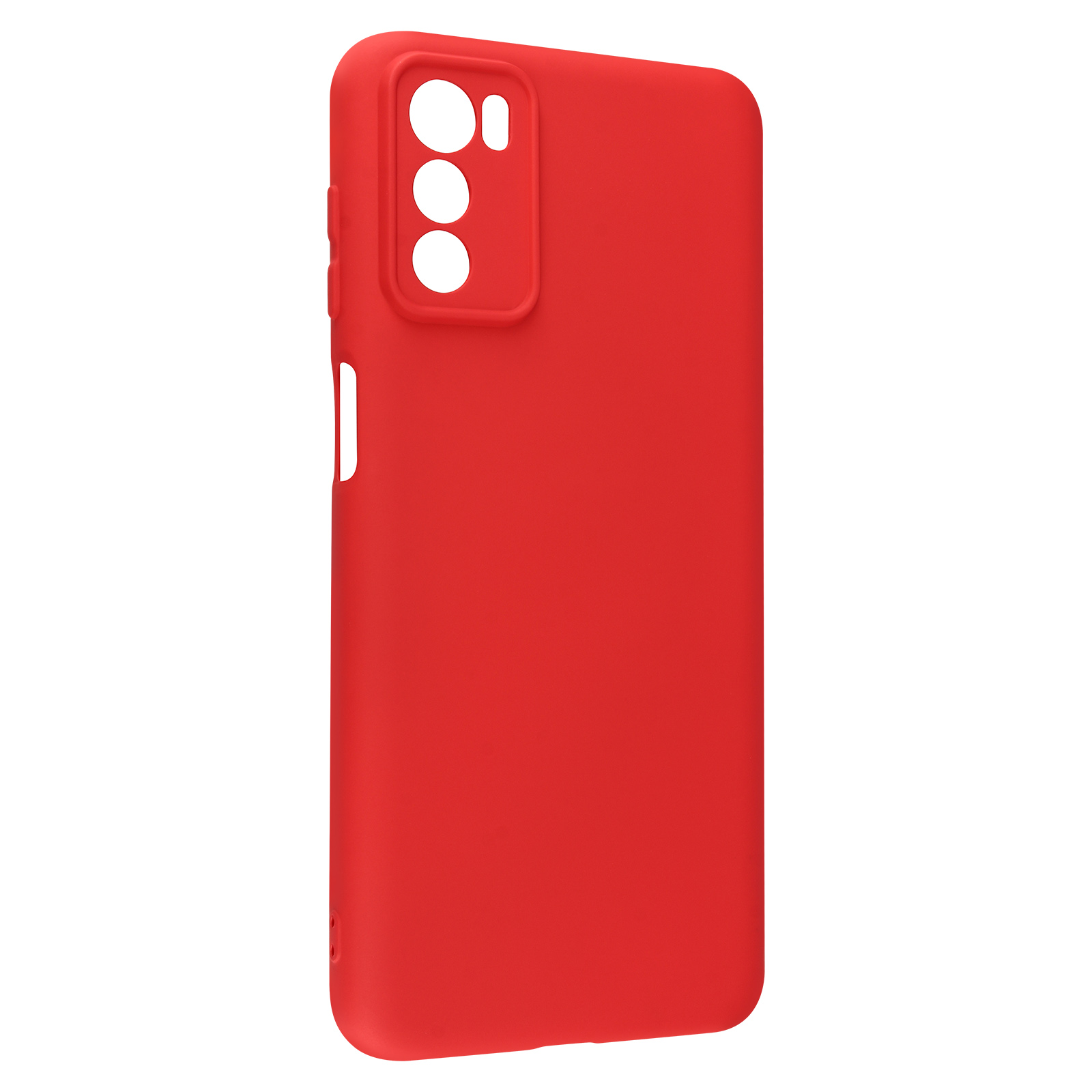 Custodia per telefono rossa con fori per fotocamera e pulsanti. La custodia è liscia.