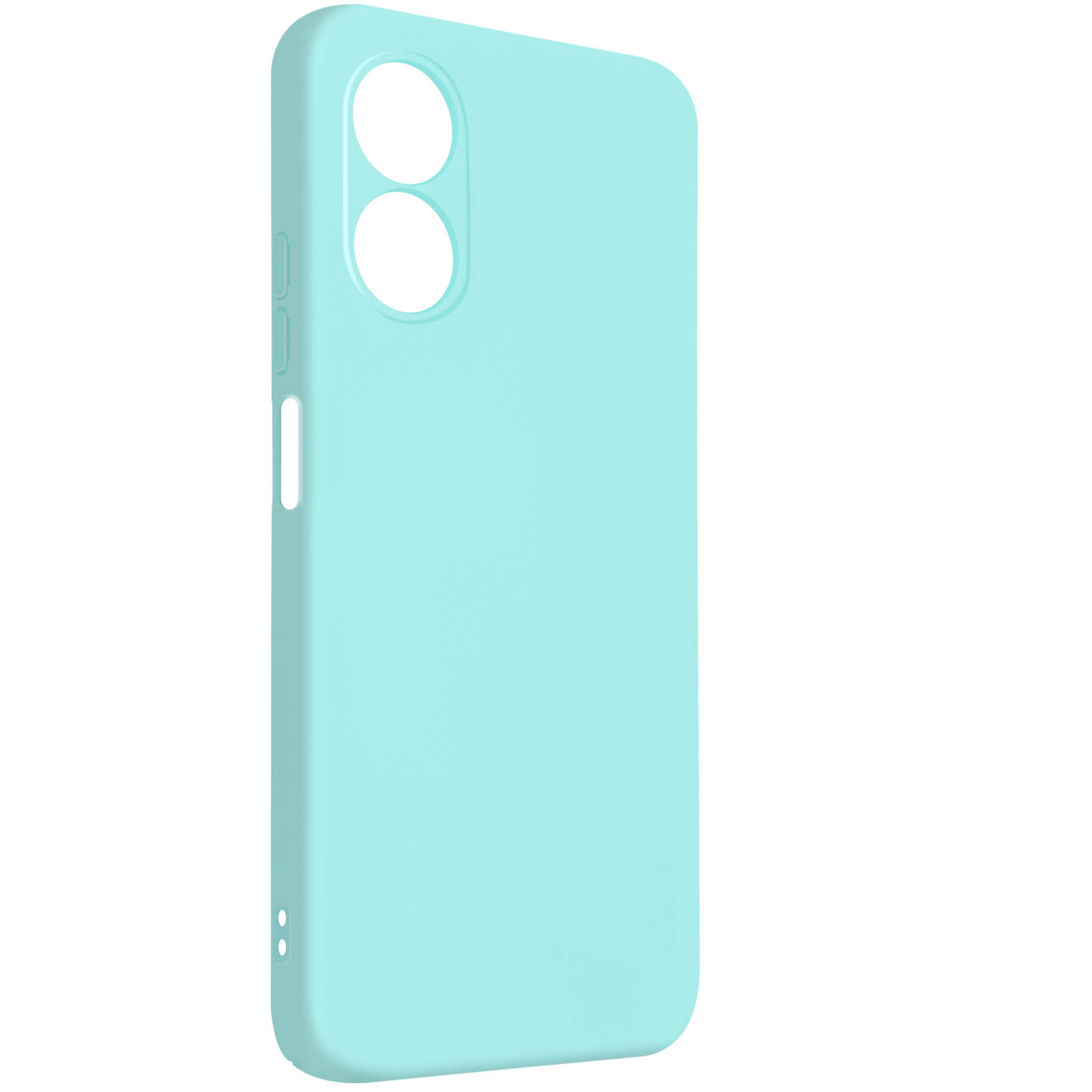 Una custodia per telefono azzurra. È di colore pieno con un ritaglio per la fotocamera.