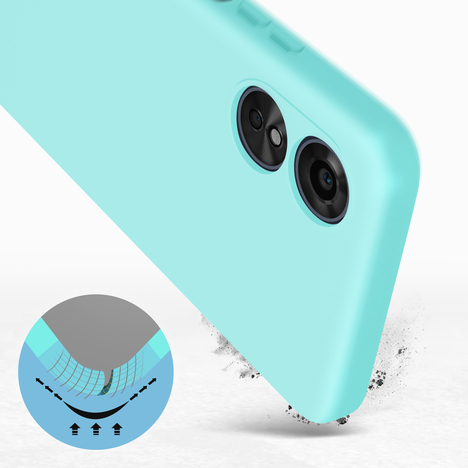 Custodia per telefono azzurra con ritaglio per fotocamera a doppia lente. Sfondo bianco. Design anti-caduta.