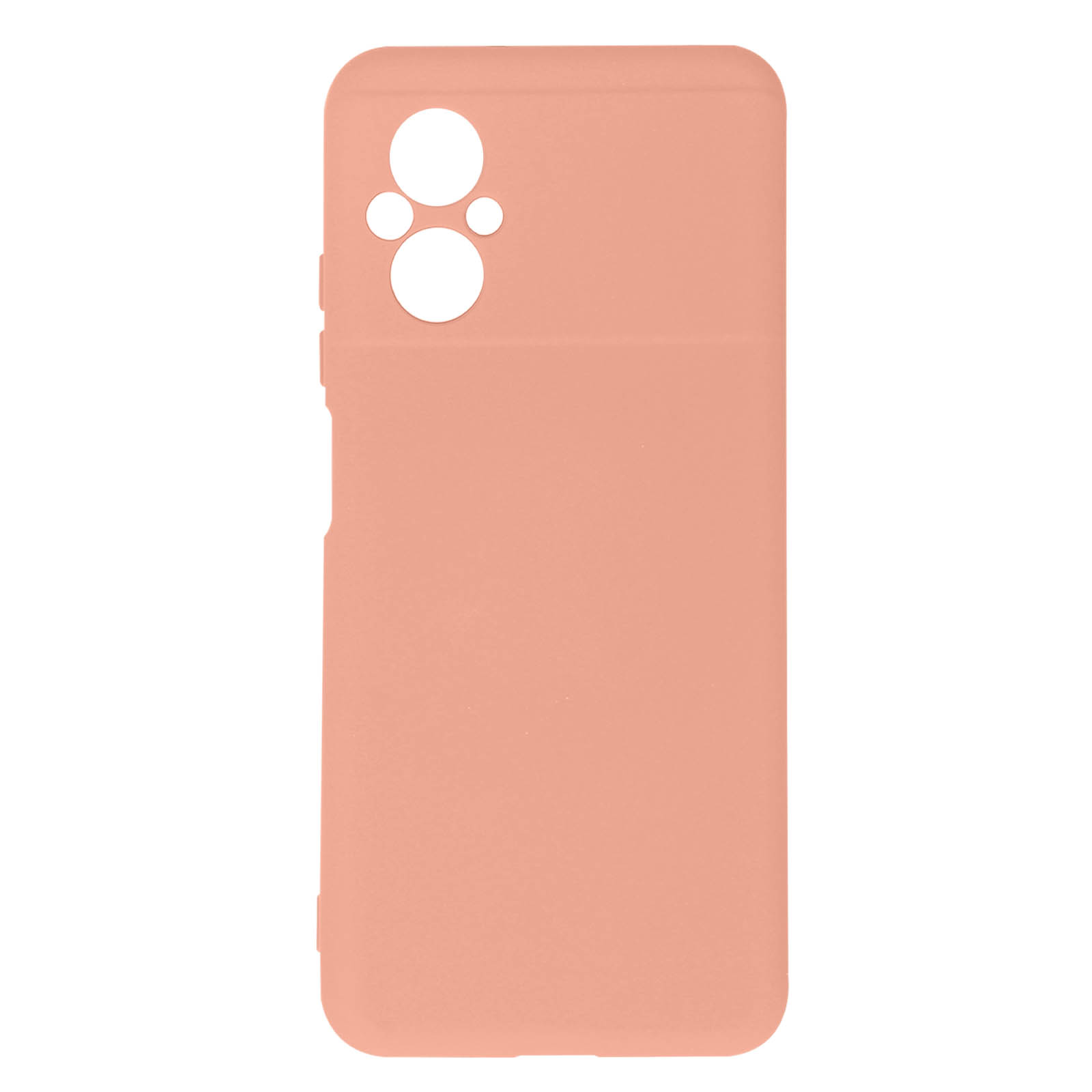 Eine pfirsichfarbene Handyhülle. Es hat Kameralöcher und ein glattes, minimalistisches Design.