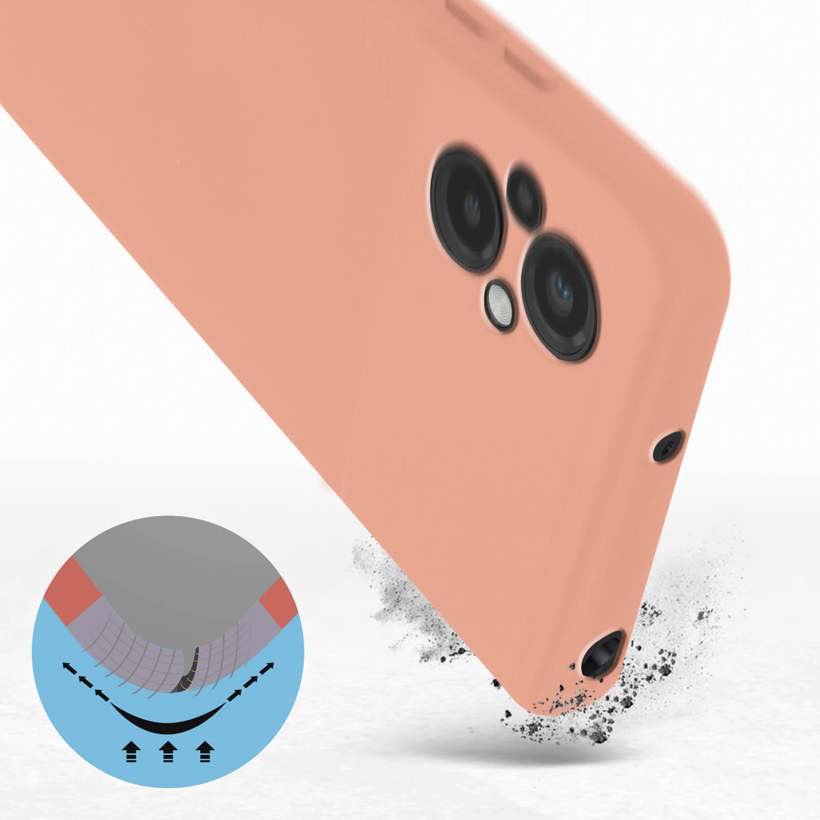 Nahaufnahme einer pfirsichfarbenen Handyhülle mit detaillierter Schutzillustration.