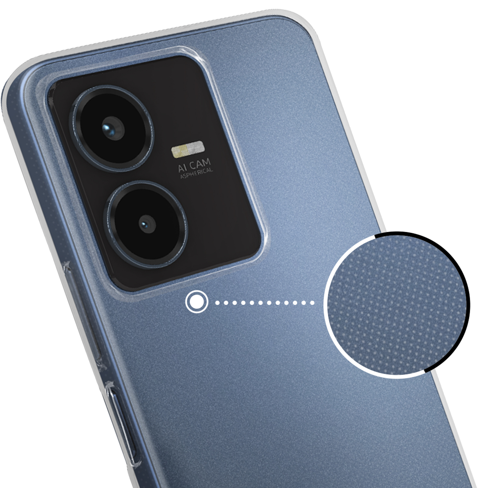 Una custodia blu per telefono con retro strutturato e fotocamera. Vista da vicino.