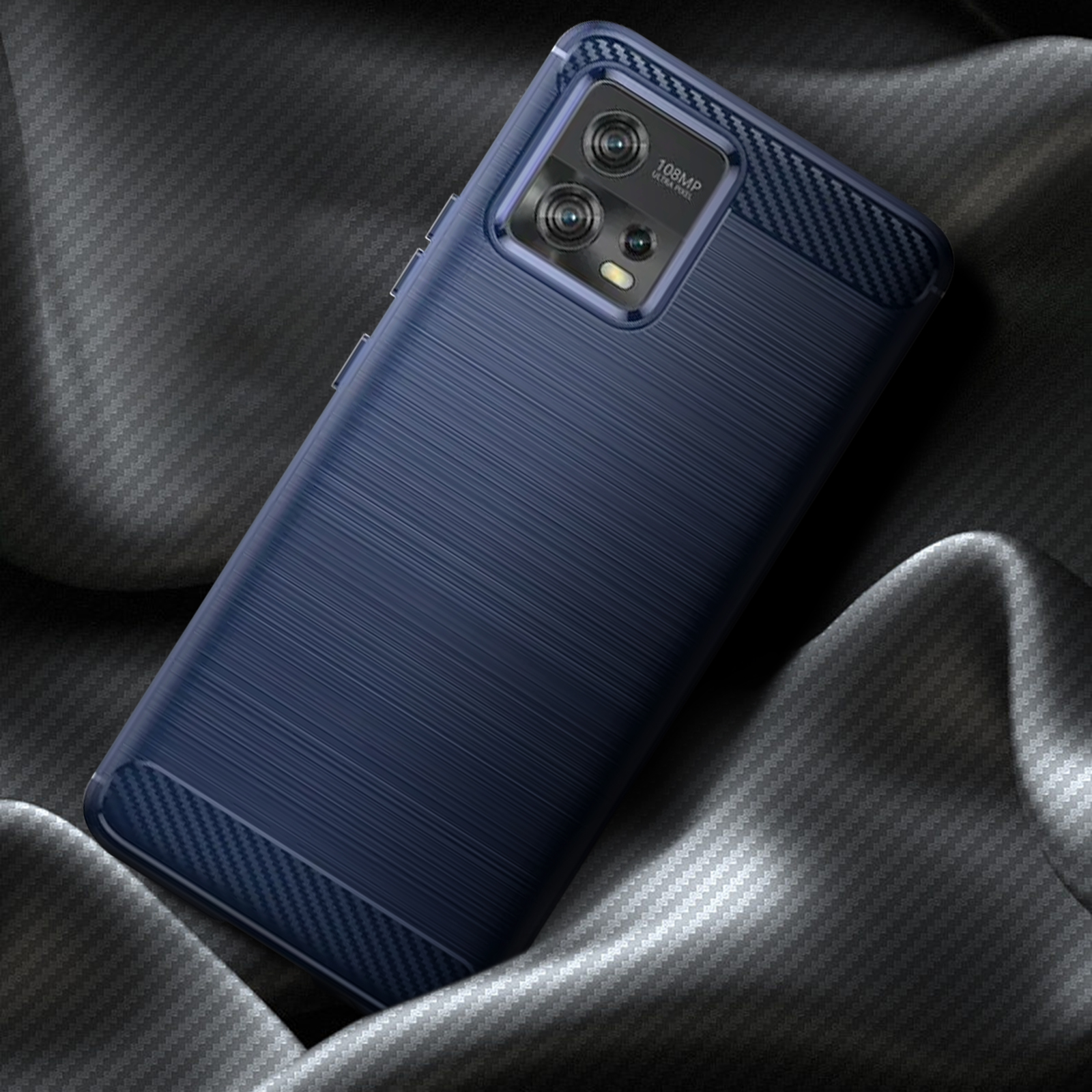Custodia blu per telefono con retro strutturato ed effetto fibra di carbonio scuro.