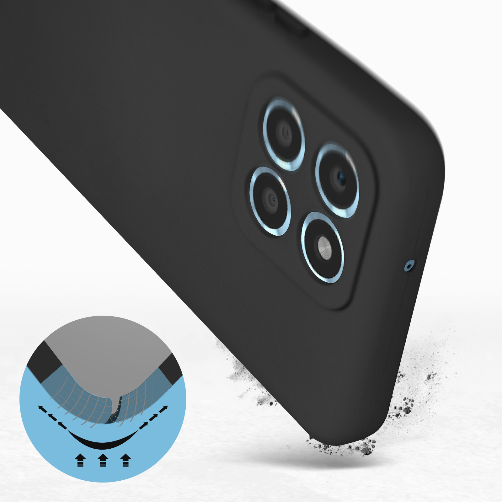 Coque de téléphone noire, en angle. Objectifs de caméra circulaires visibles.