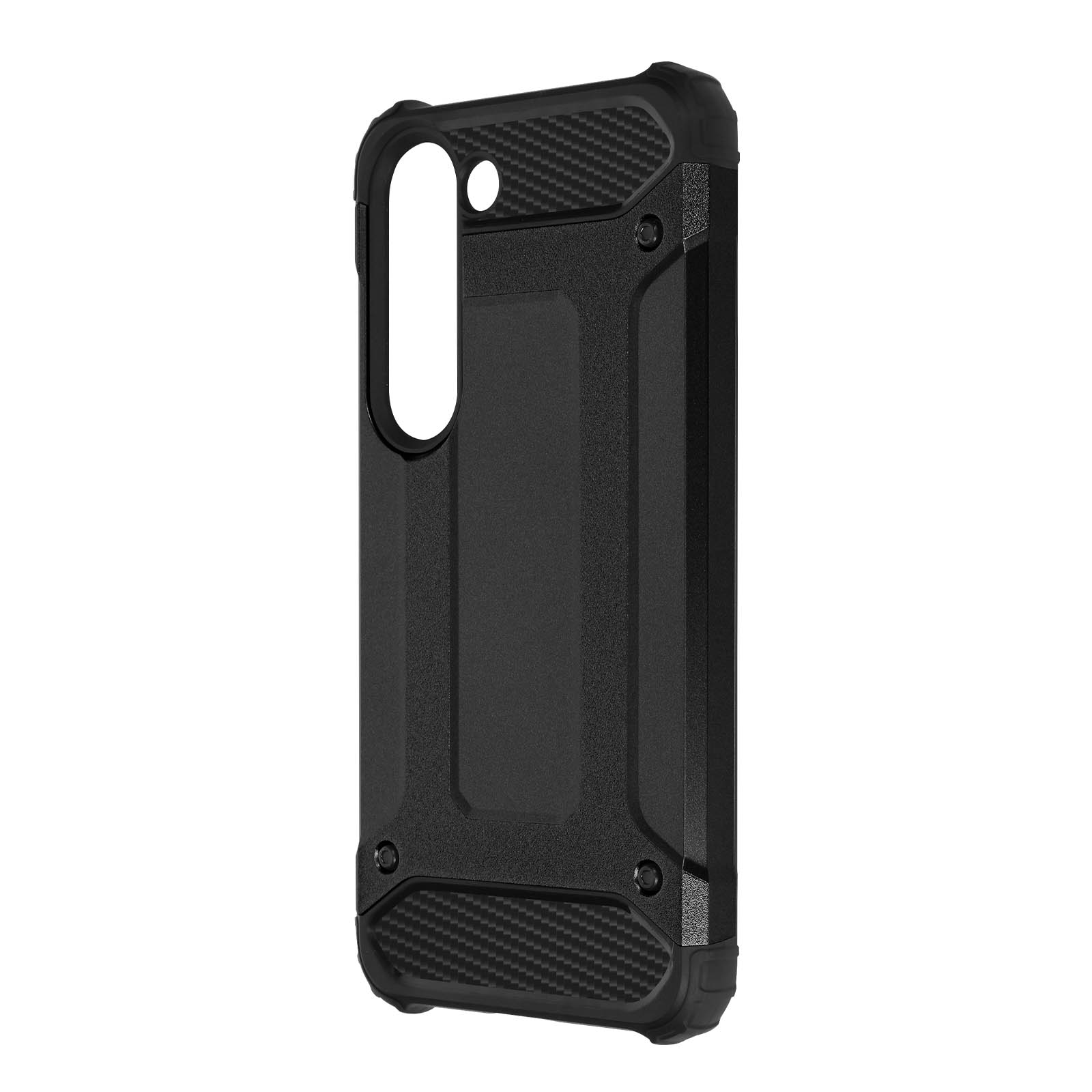 Schwarze Handyhülle mit Carbonfaser-Design. Die Hülle befindet sich auf weißem Hintergrund.