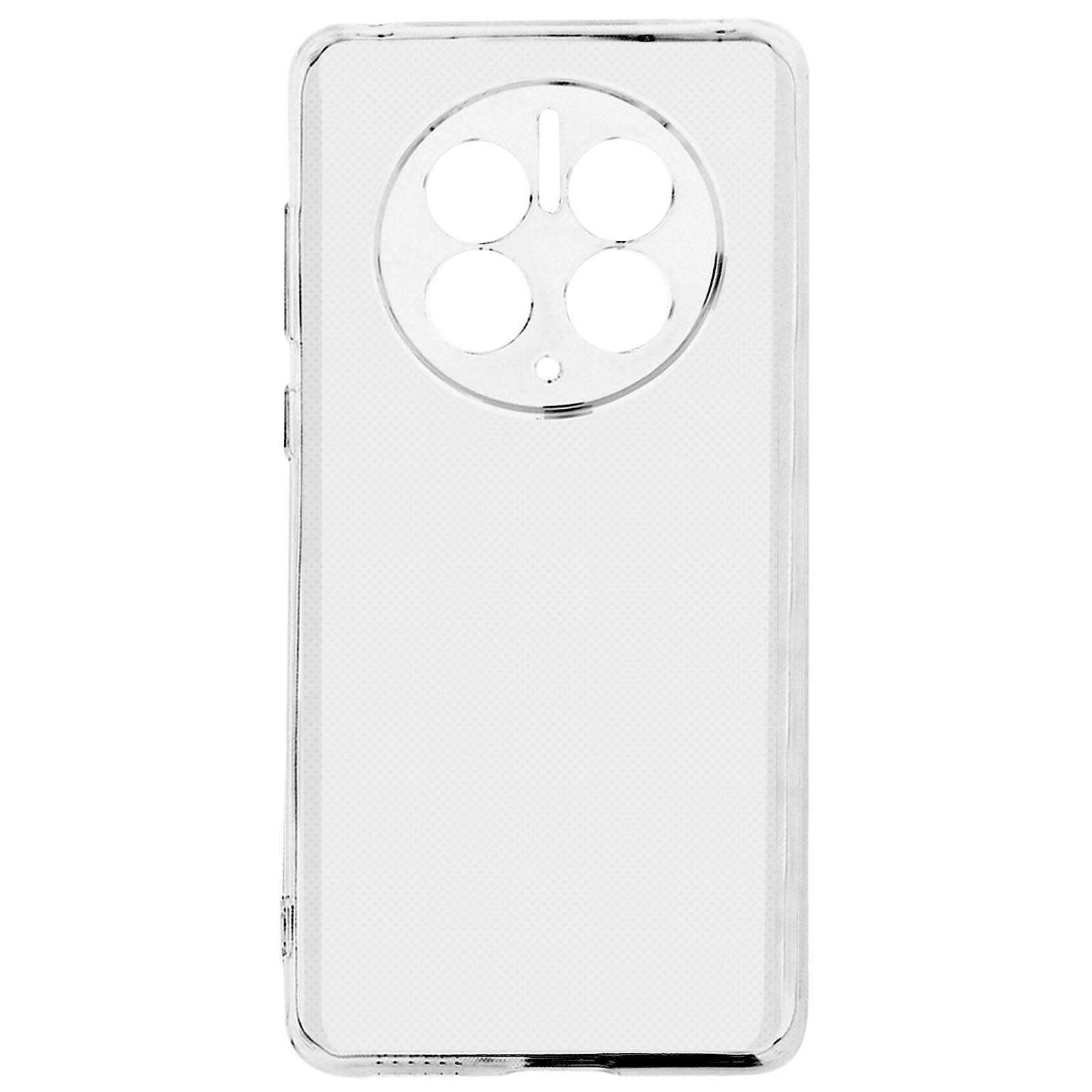 Custodia trasparente per telefono con ritagli per la fotocamera, che mostra la parte posteriore del telefono attraverso la plastica trasparente.