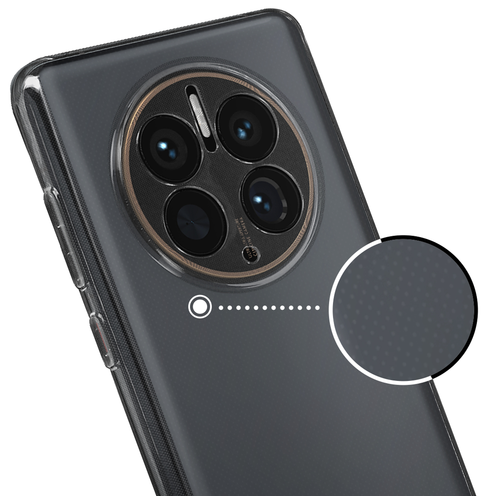 Il retro di un telefono con più lenti della fotocamera. Primo piano mostra una superficie strutturata.