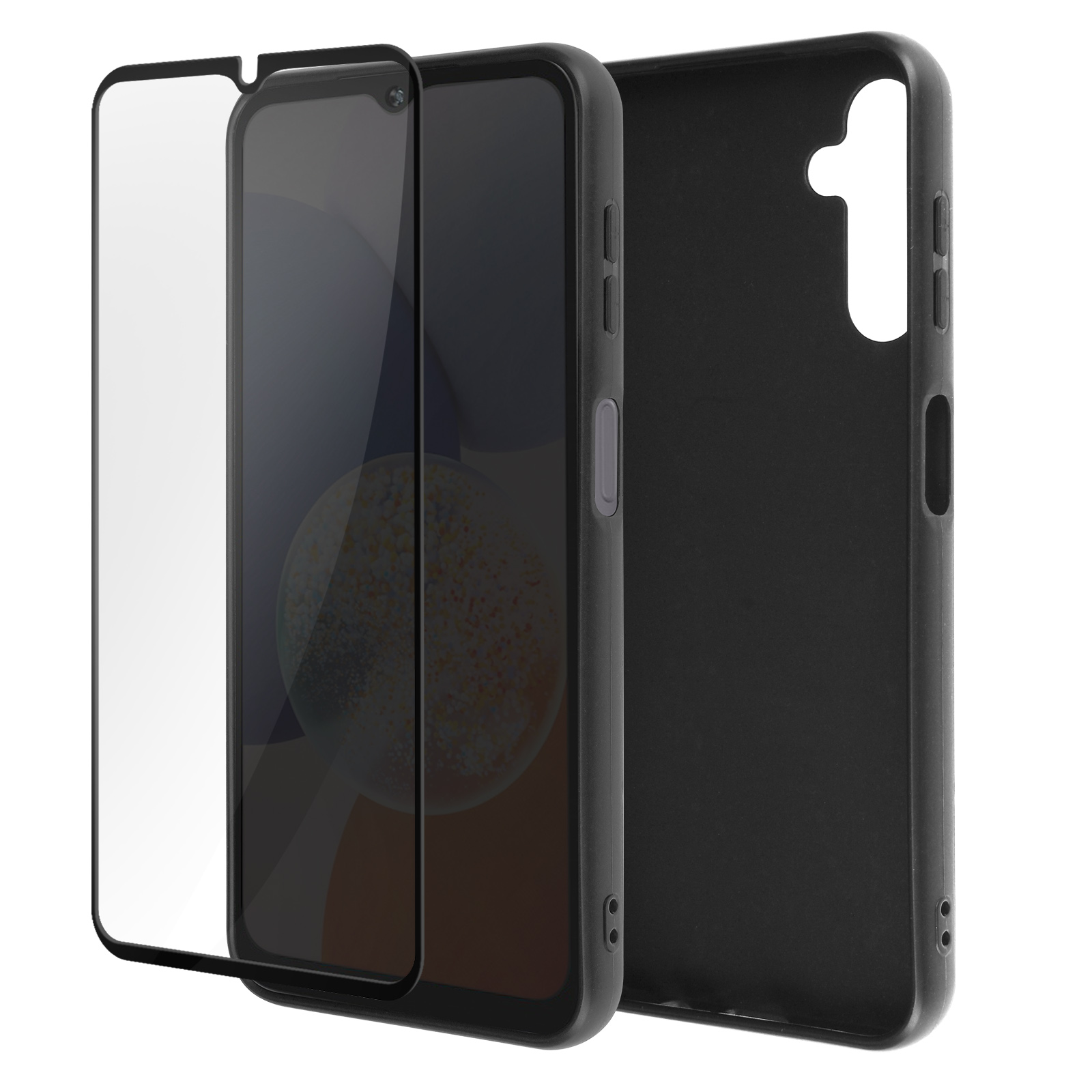 Coque noire avec protecteur d'écran, vue de face, avec découpe caméra.