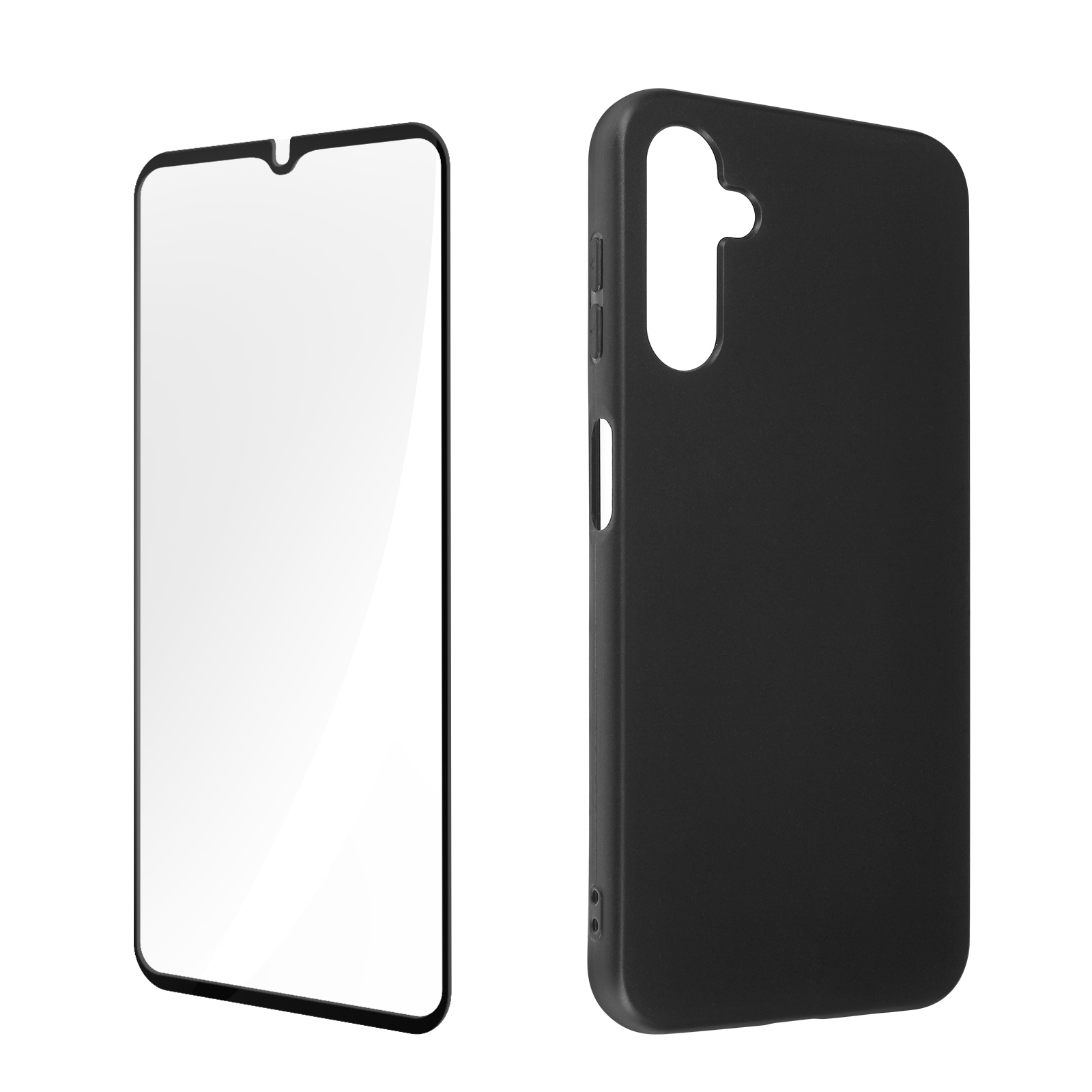 Coque de téléphone noire et protecteur d'écran. Fond blanc. Coque et protecteur séparés.