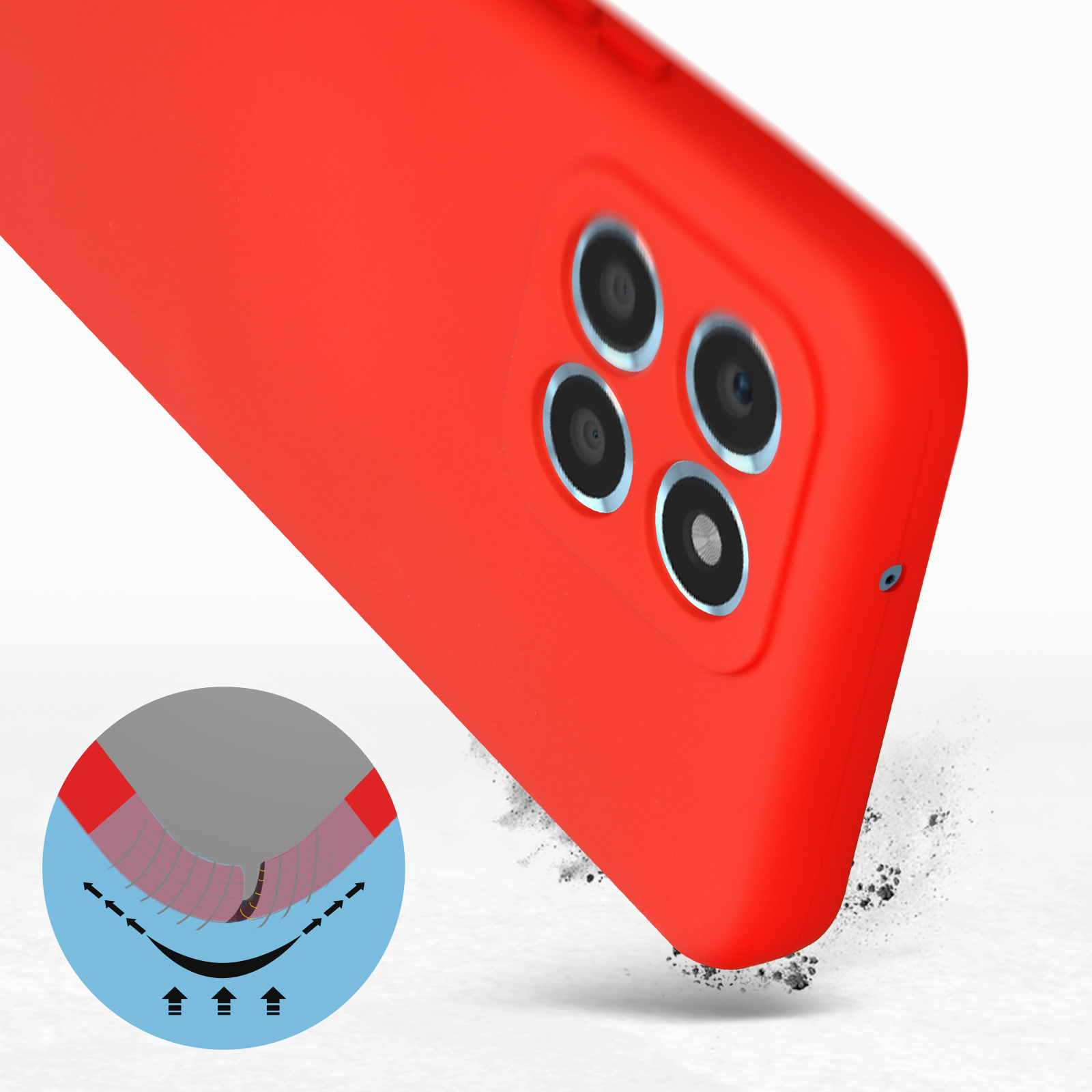 Coque de téléphone rouge avec trois lentilles de caméra. Particules de poussière visibles.