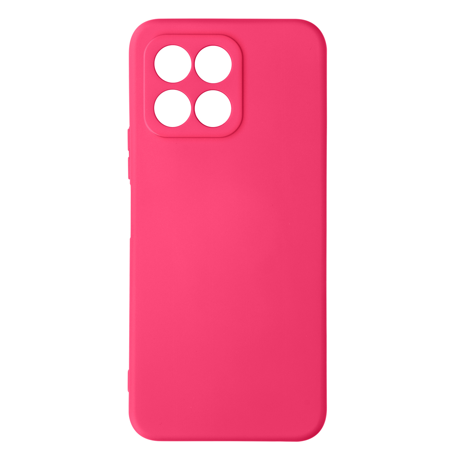 Roze telefoonhoes. De hoes heeft gaten voor camera's en knoppen. Achteraanzicht.