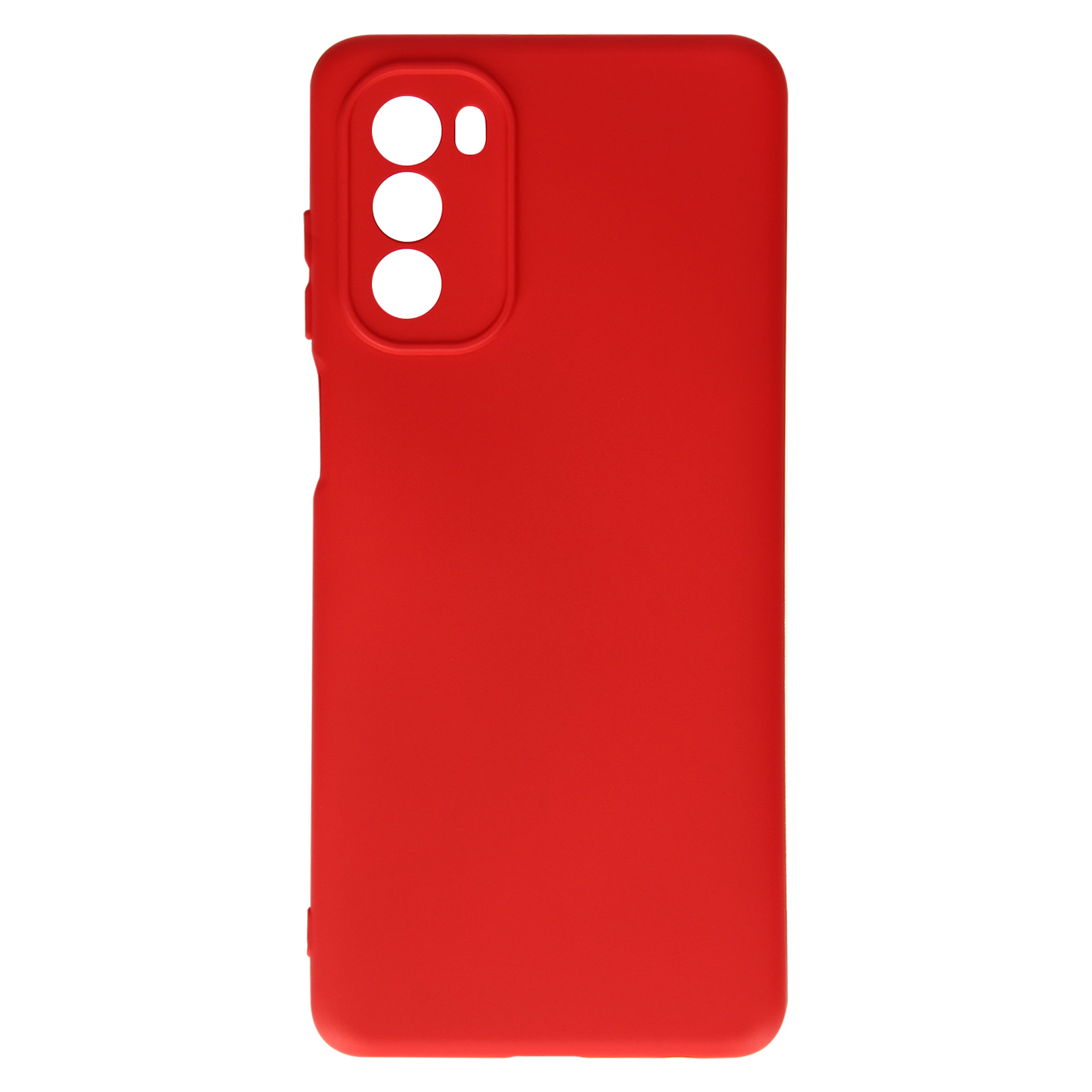 Custodia per telefono rossa con tre fori per la fotocamera. La custodia è liscia e solida.