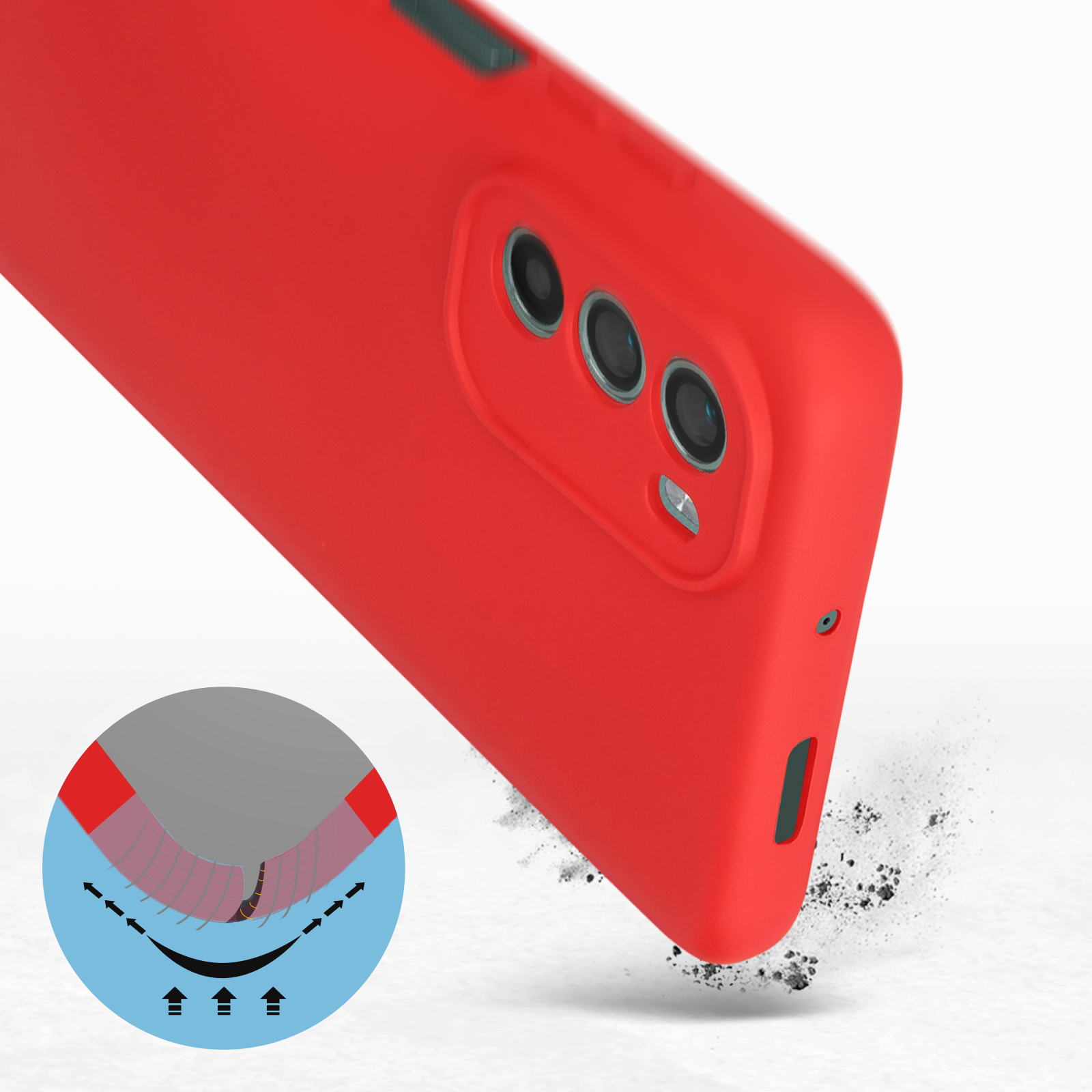 Custodia rossa per telefono con ritagli per fotocamera, sfondo bianco.