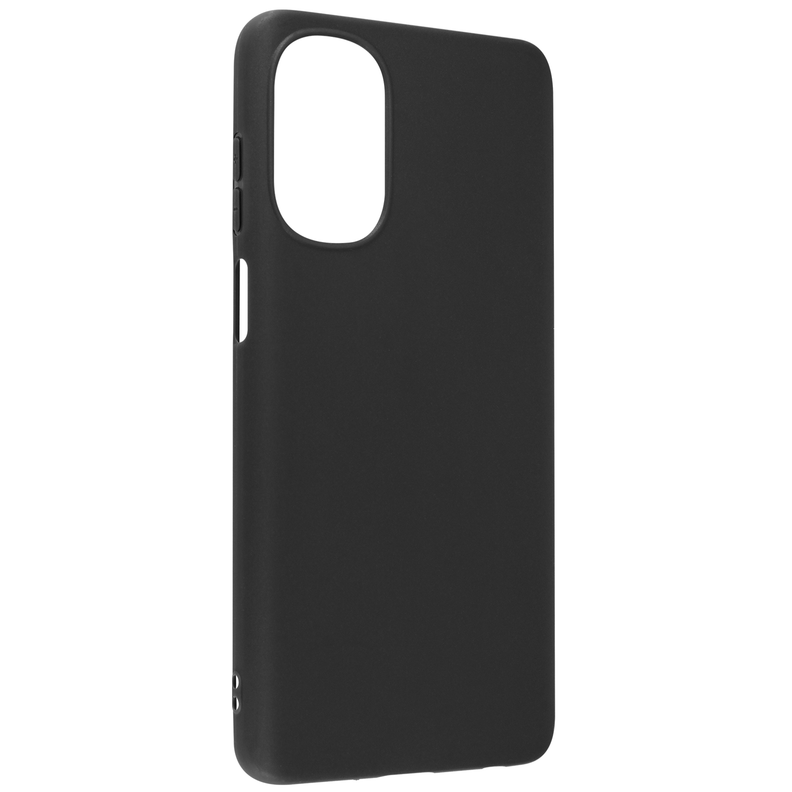 Una custodia nera per telefono con ritaglio per fotocamera, pulsanti e bordo arrotondato.