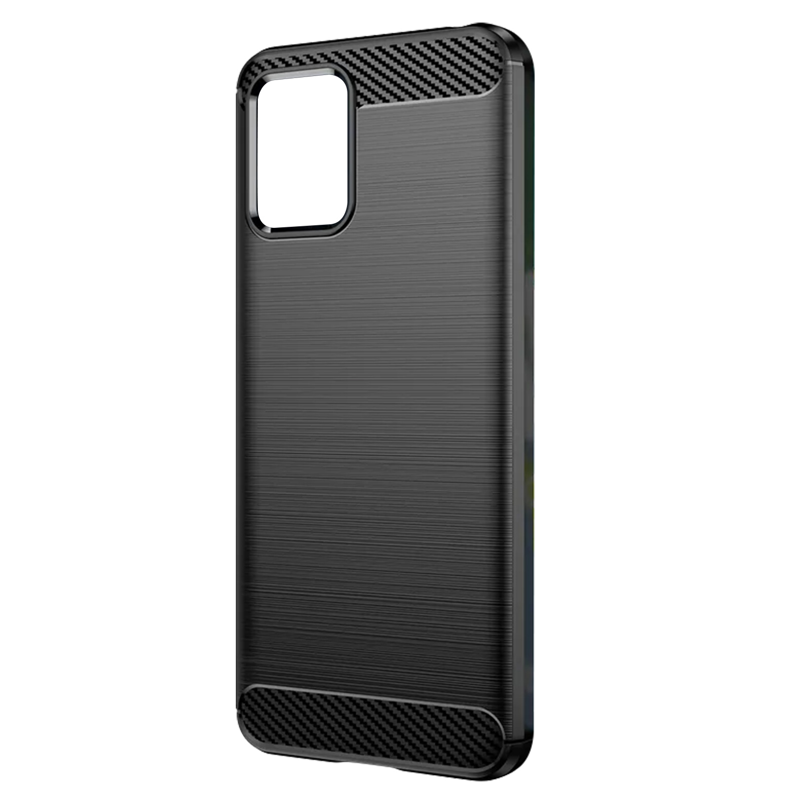 Viene mostrata una custodia per telefono nera con una trama in fibra di carbonio. Ha un ritaglio per la fotocamera e un design strutturato.