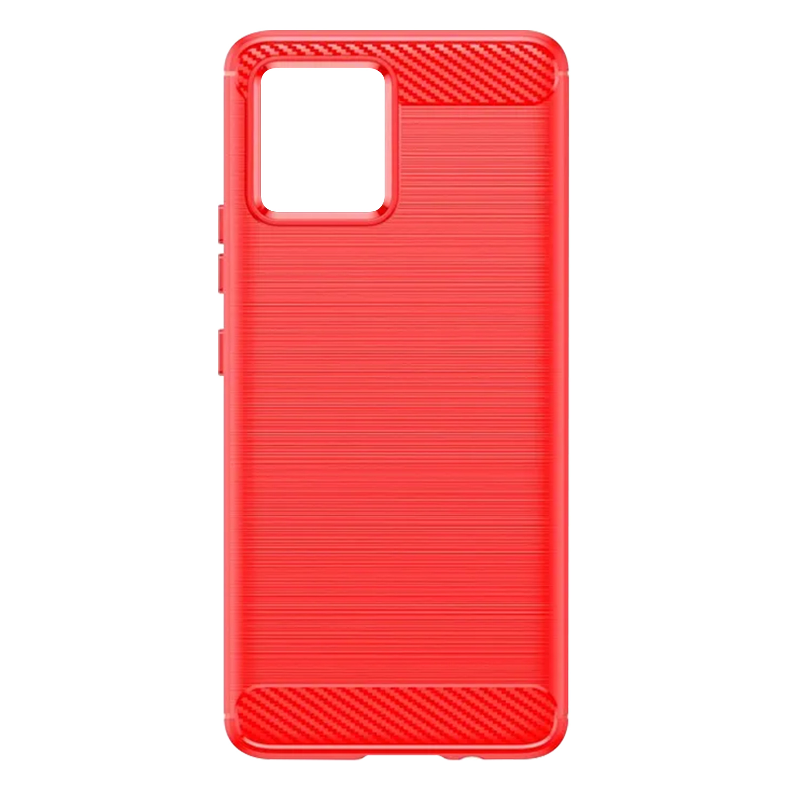 Custodia per telefono rosso brillante con un motivo a linee orizzontali strutturate e un ritaglio per la fotocamera.