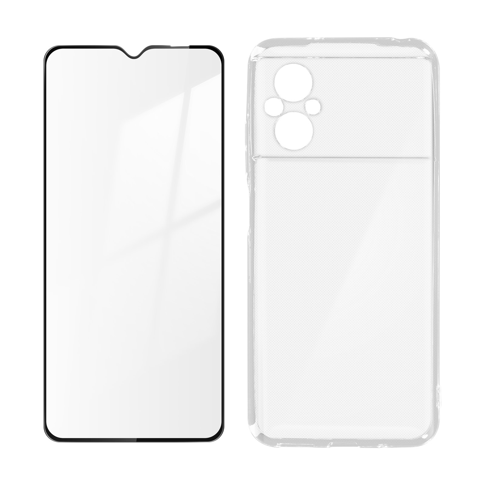 Handy-Displayschutz und Handyhülle. Beide sind transparent und vor weißem Hintergrund.