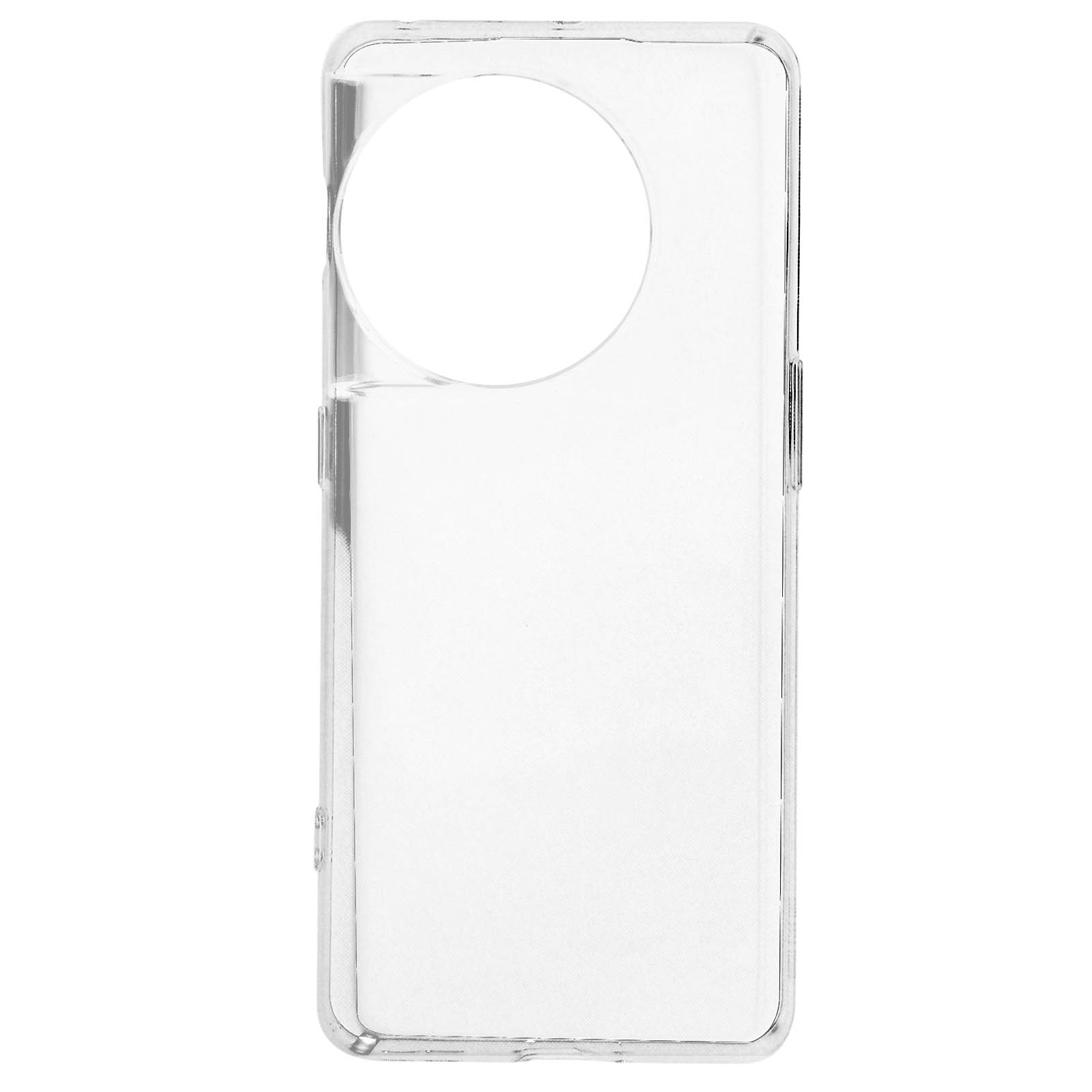 Custodia trasparente per telefono. La custodia è trasparente con un ritaglio per la fotocamera, su sfondo bianco.