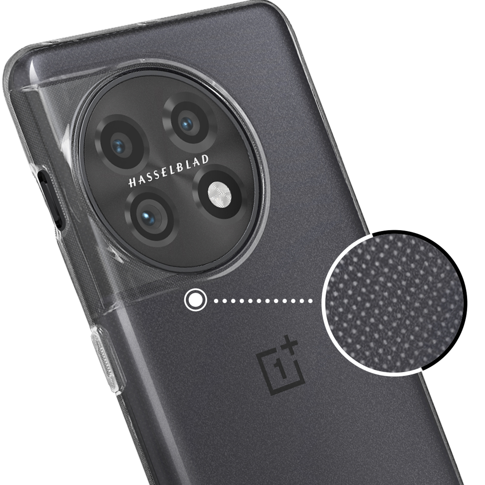 Custodia trasparente per telefono con configurazione della fotocamera, con primo piano di una trama puntinata.