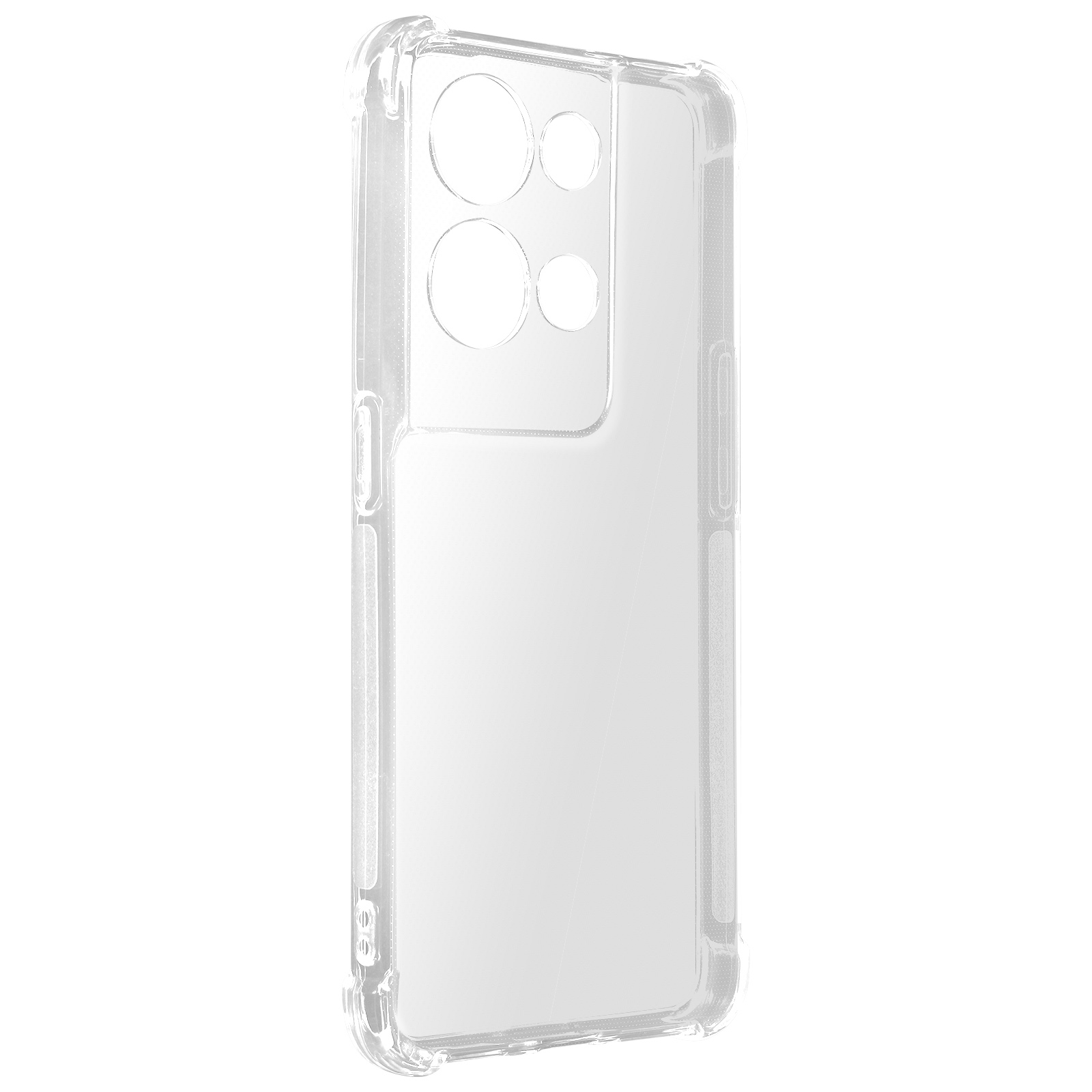 Una custodia trasparente per telefono, che evidenzia i ritagli della fotocamera e dei pulsanti del telefono, su sfondo bianco.