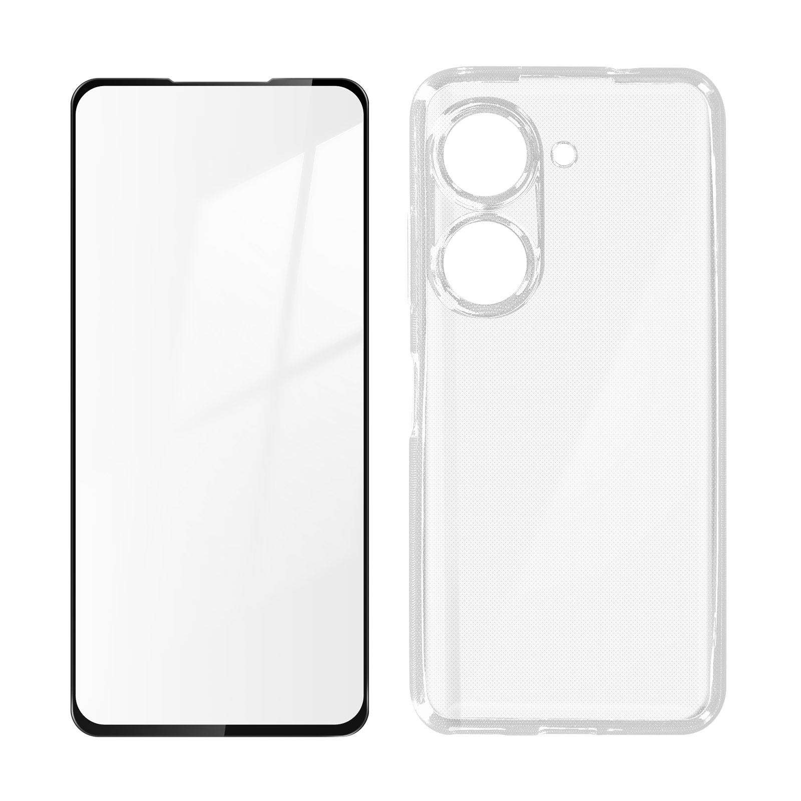 Een schermbeschermer en een telefoonhoesje, beide transparant en op een witte achtergrond.