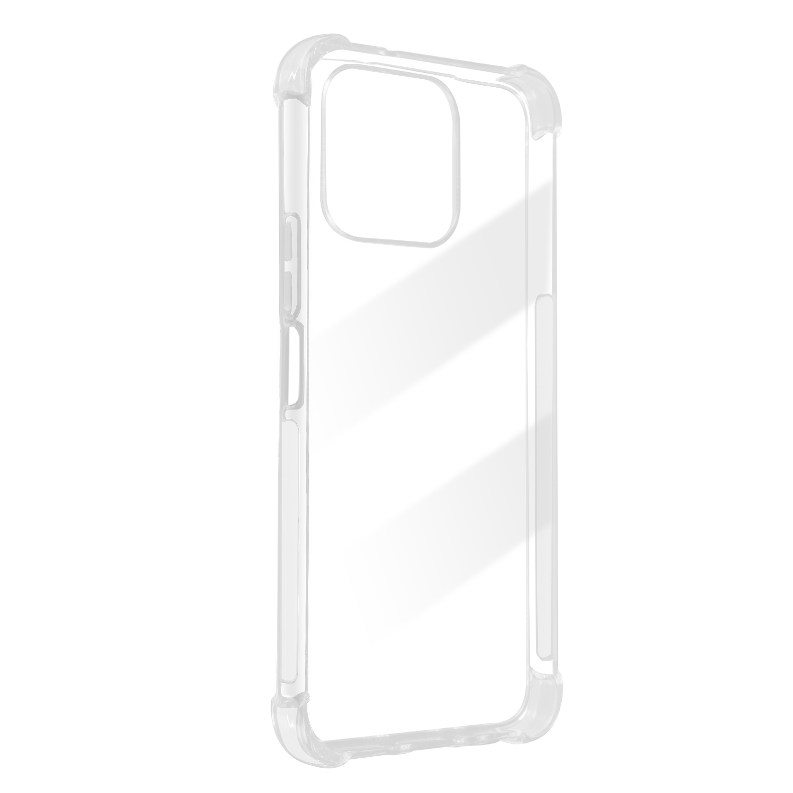 Custodia trasparente per telefono su sfondo bianco. La custodia ha un design trasparente e protettivo.