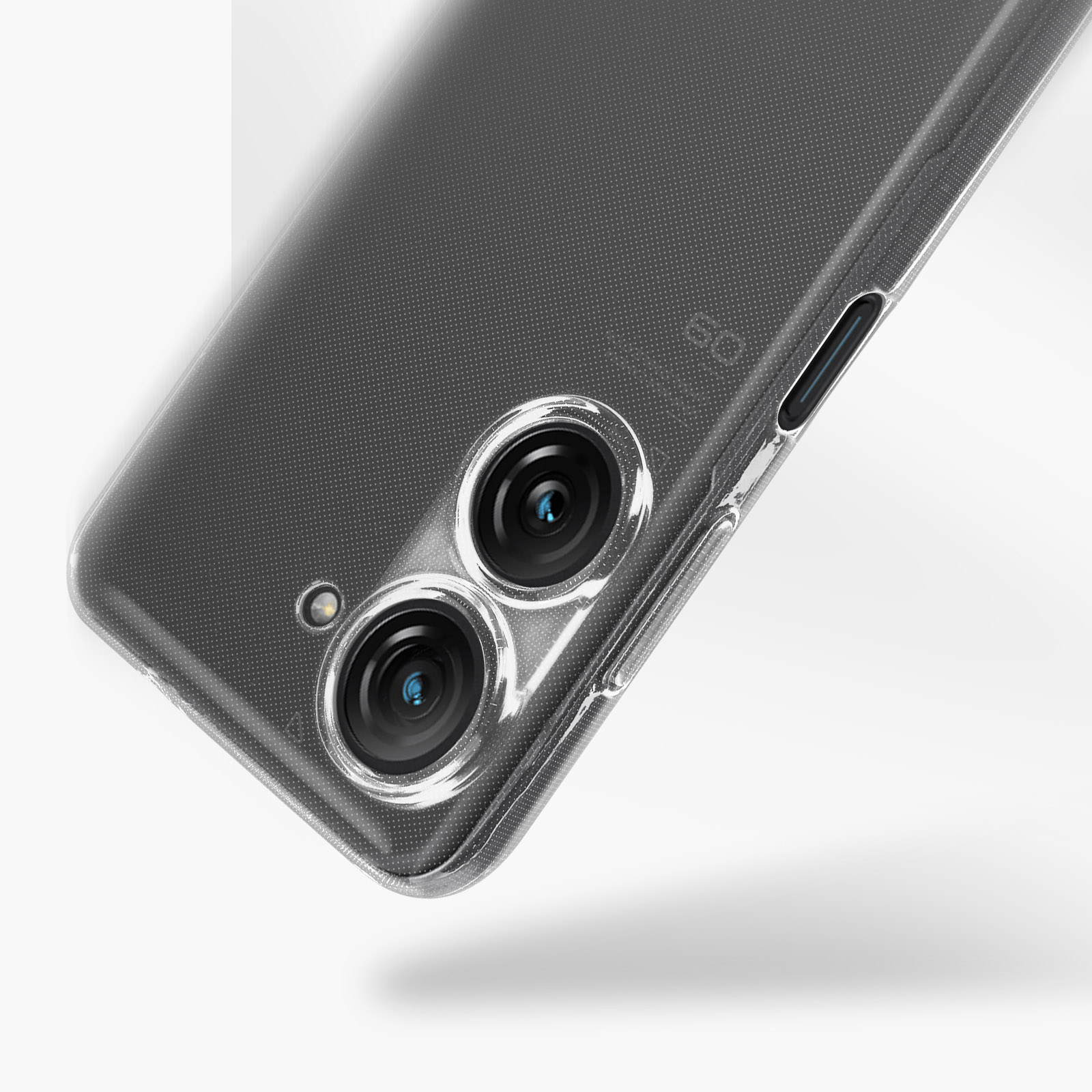Een telefoonhoesje met een doorzichtige achterkant, die de cameralenzen van de telefoon laat zien.