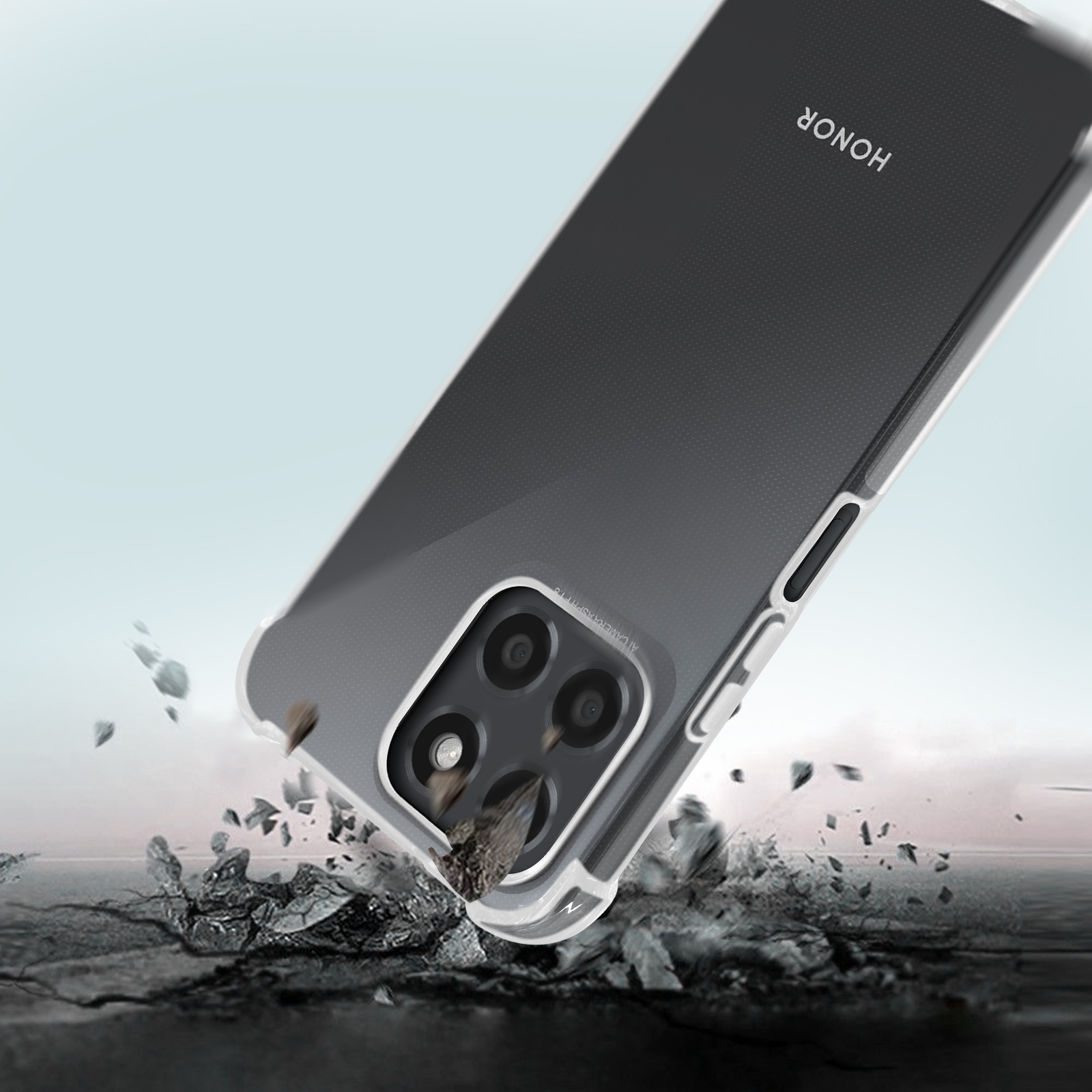 Custodia trasparente, un telefono con modulo fotocamera, che cade con terreno infranto.