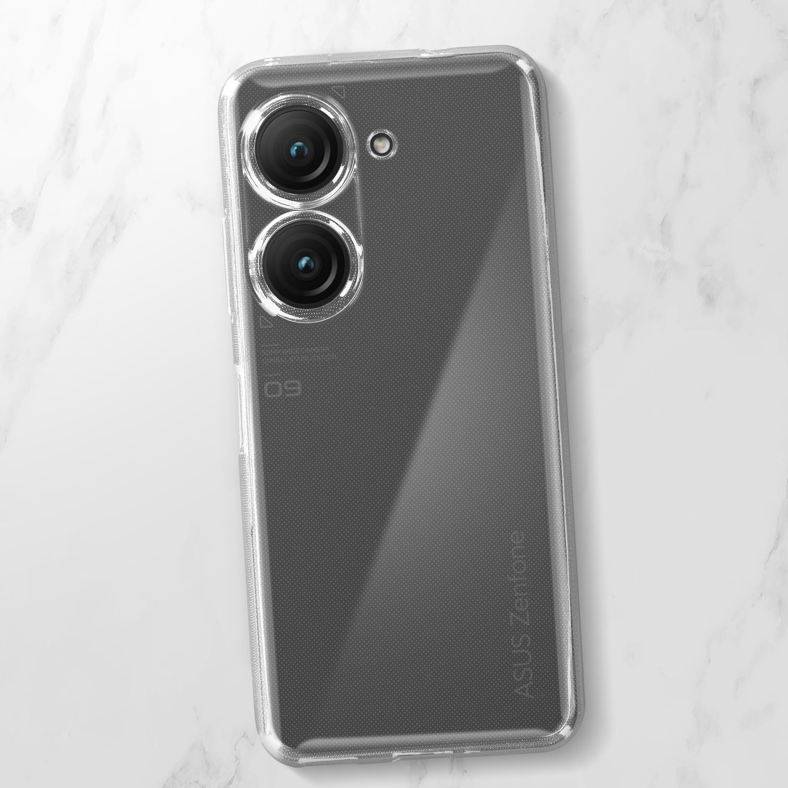 Transparante telefoonhoes die de achterkant van een telefoon op marmer laat zien.