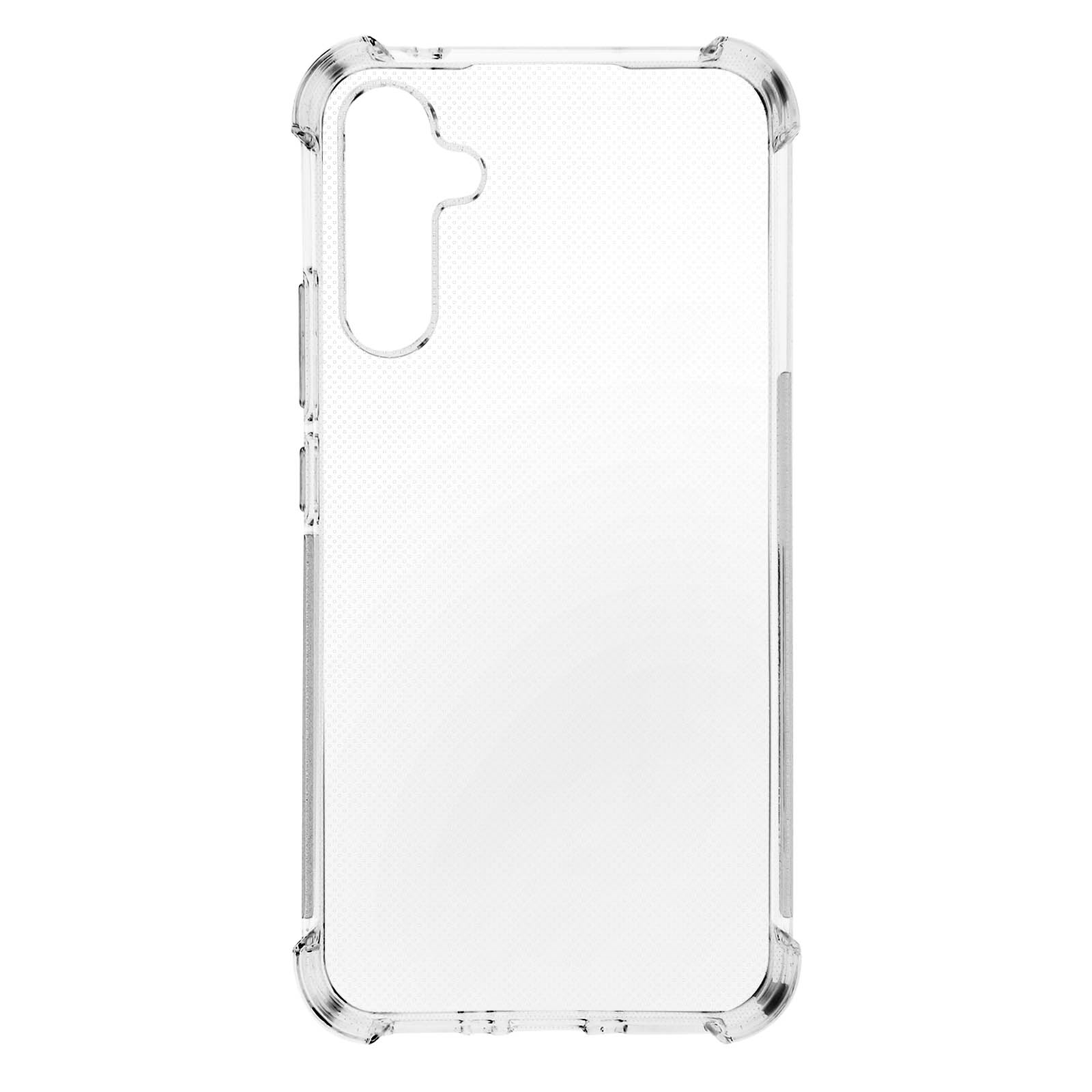 Coque de téléphone transparente avec motif pointillé et bords protecteurs.