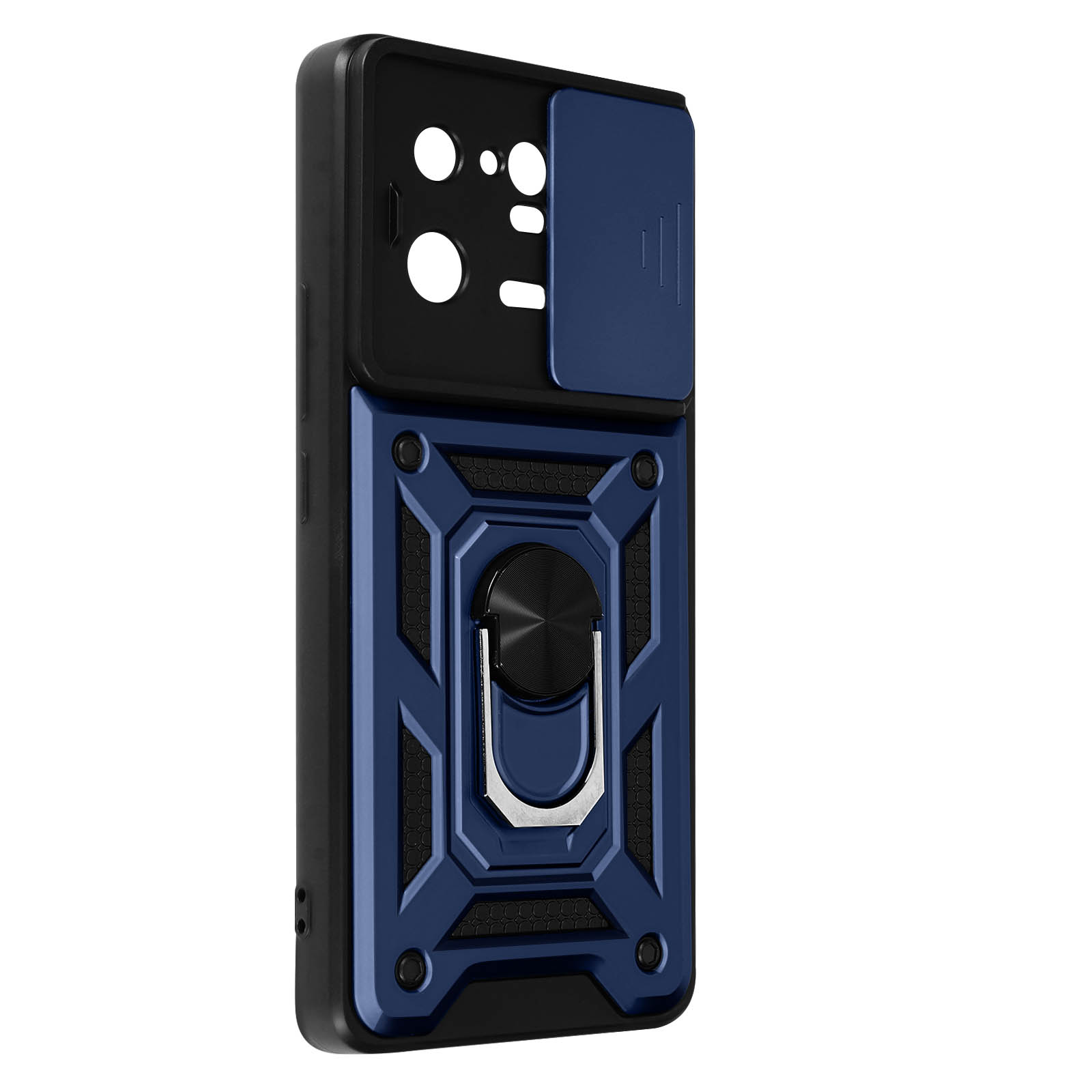 Blaue und schwarze Handyhülle mit Kameraabdeckung und Ringhalter auf der Rückseite.