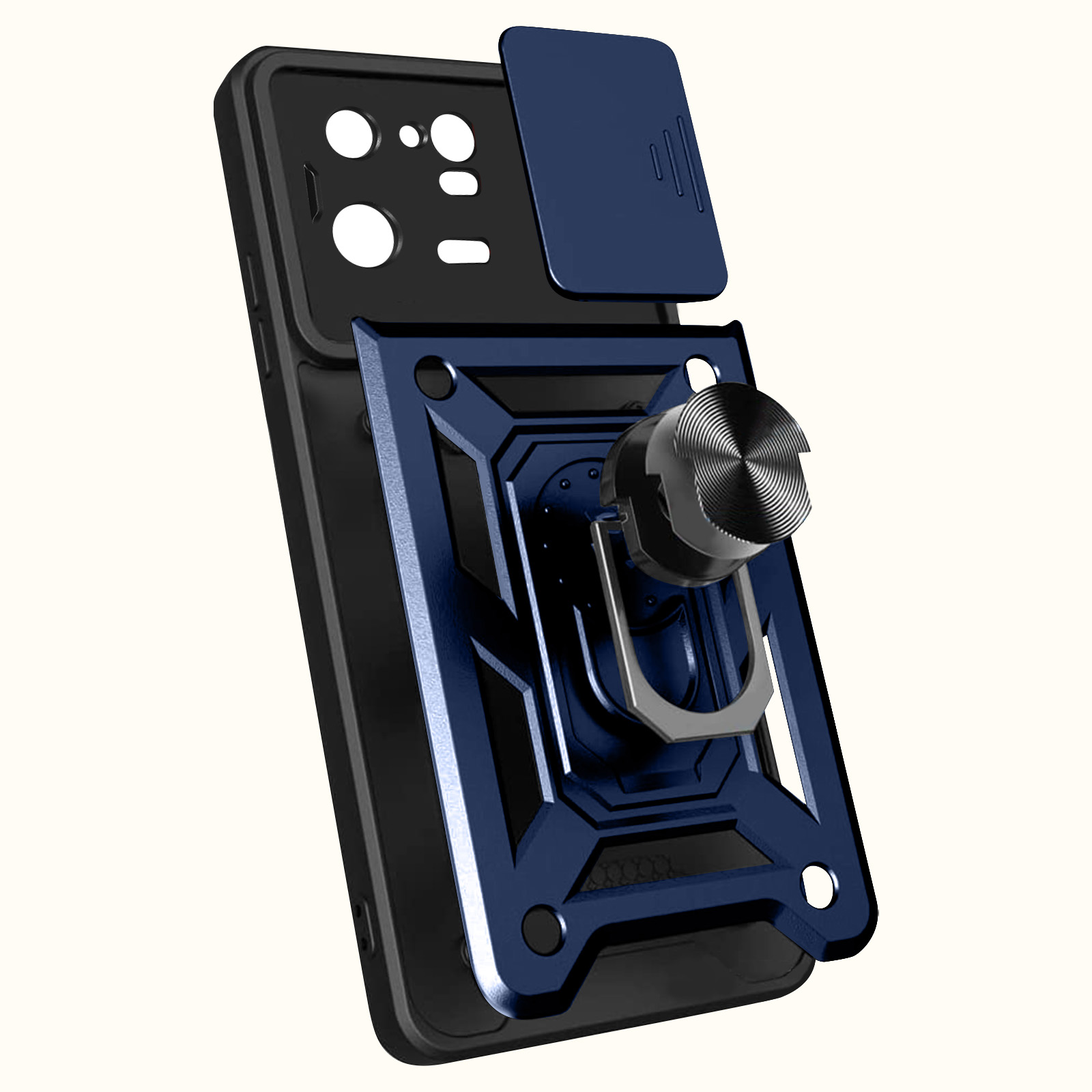 Eine blau-schwarze Handyhülle mit Ringhalter und Abdeckung für die Kamera.