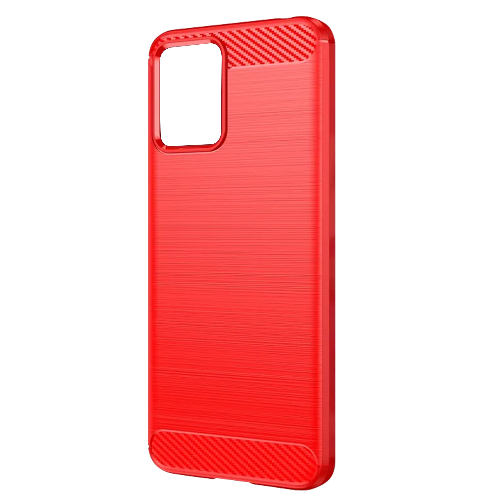 Custodia rossa per telefono. Ritaglio rettangolare per la fotocamera in alto. Trama in fibra di carbonio.