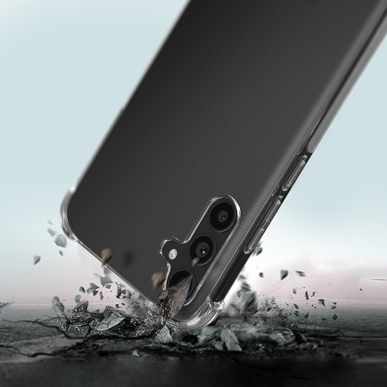Coque de téléphone transparente avec protecteur d'écran et téléphone qui s'écrase.