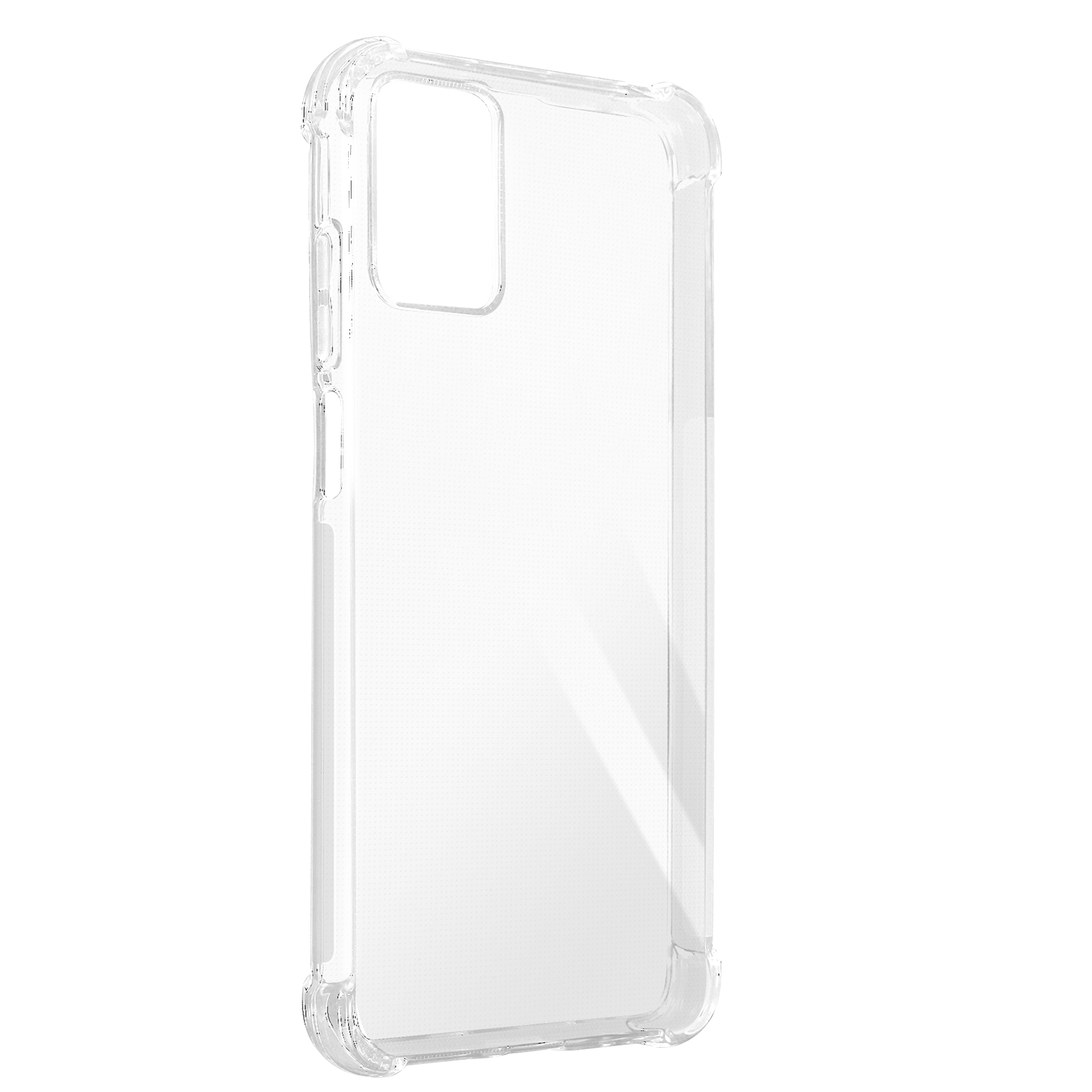 Eine transparente Handyhülle mit Kameraausschnitt vor weißem Hintergrund.