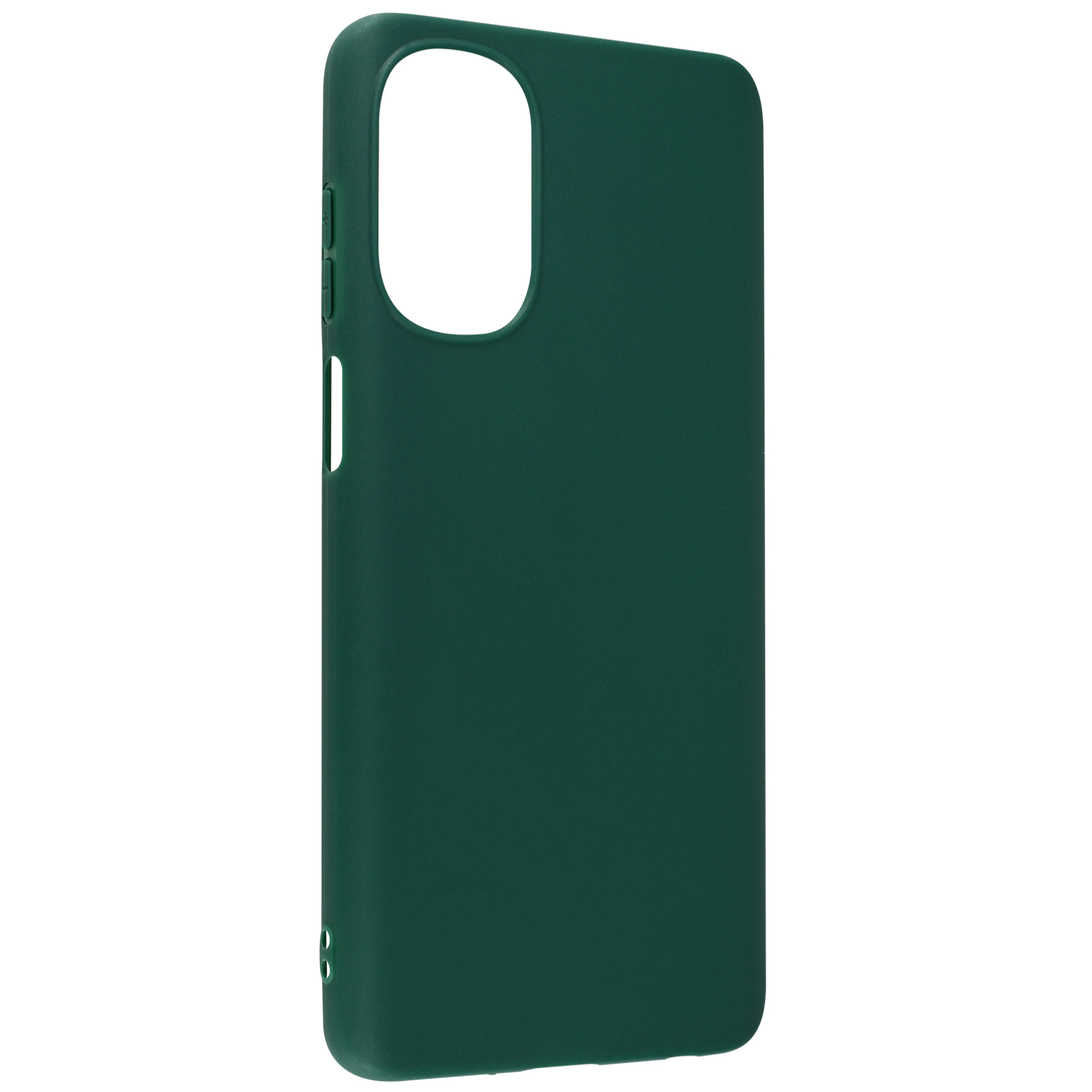 Una custodia per telefono verde scuro. È di colore pieno con un ritaglio per la fotocamera.