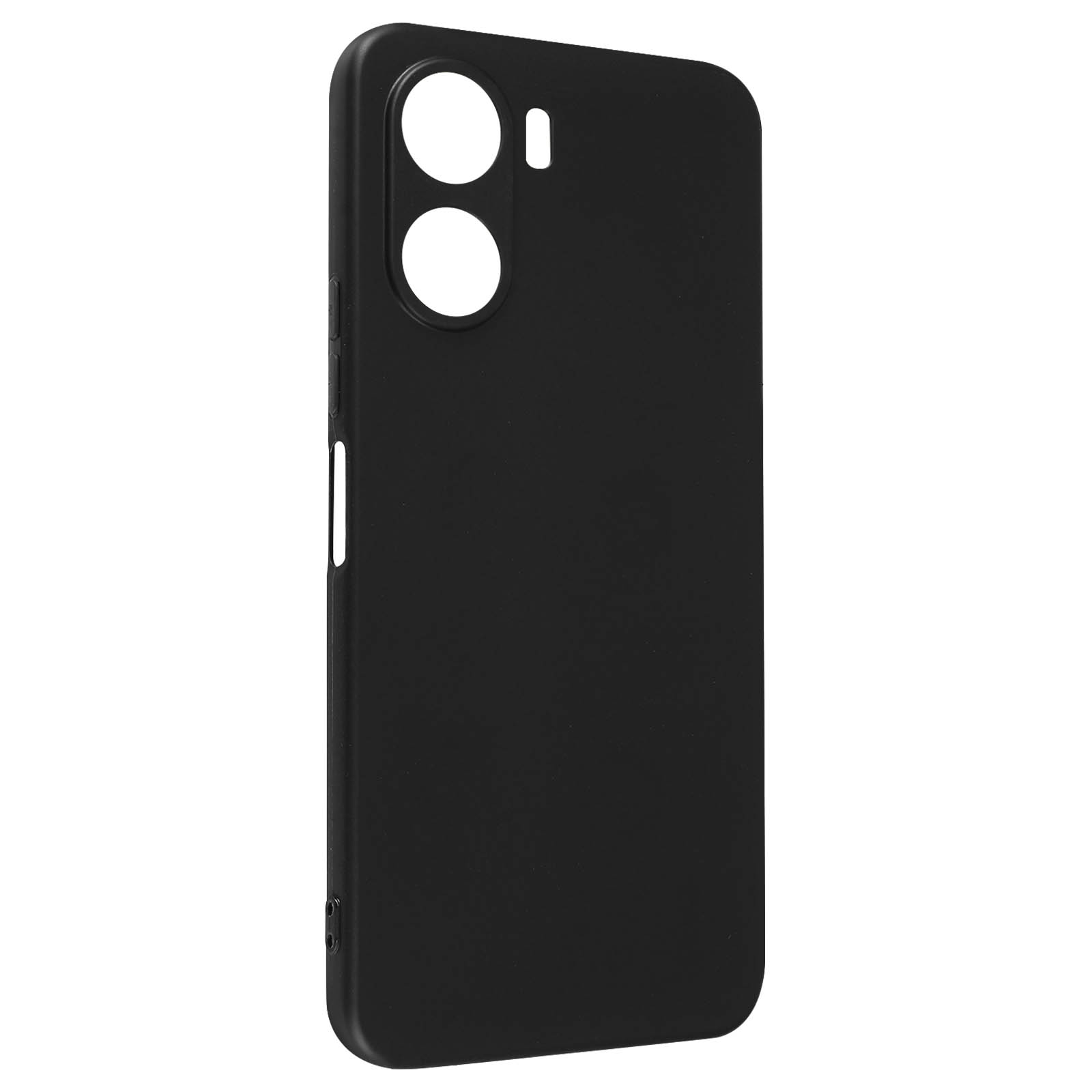 Una custodia per telefono nera con due ritagli per la fotocamera e un ritaglio per il flash. La custodia è vuota.