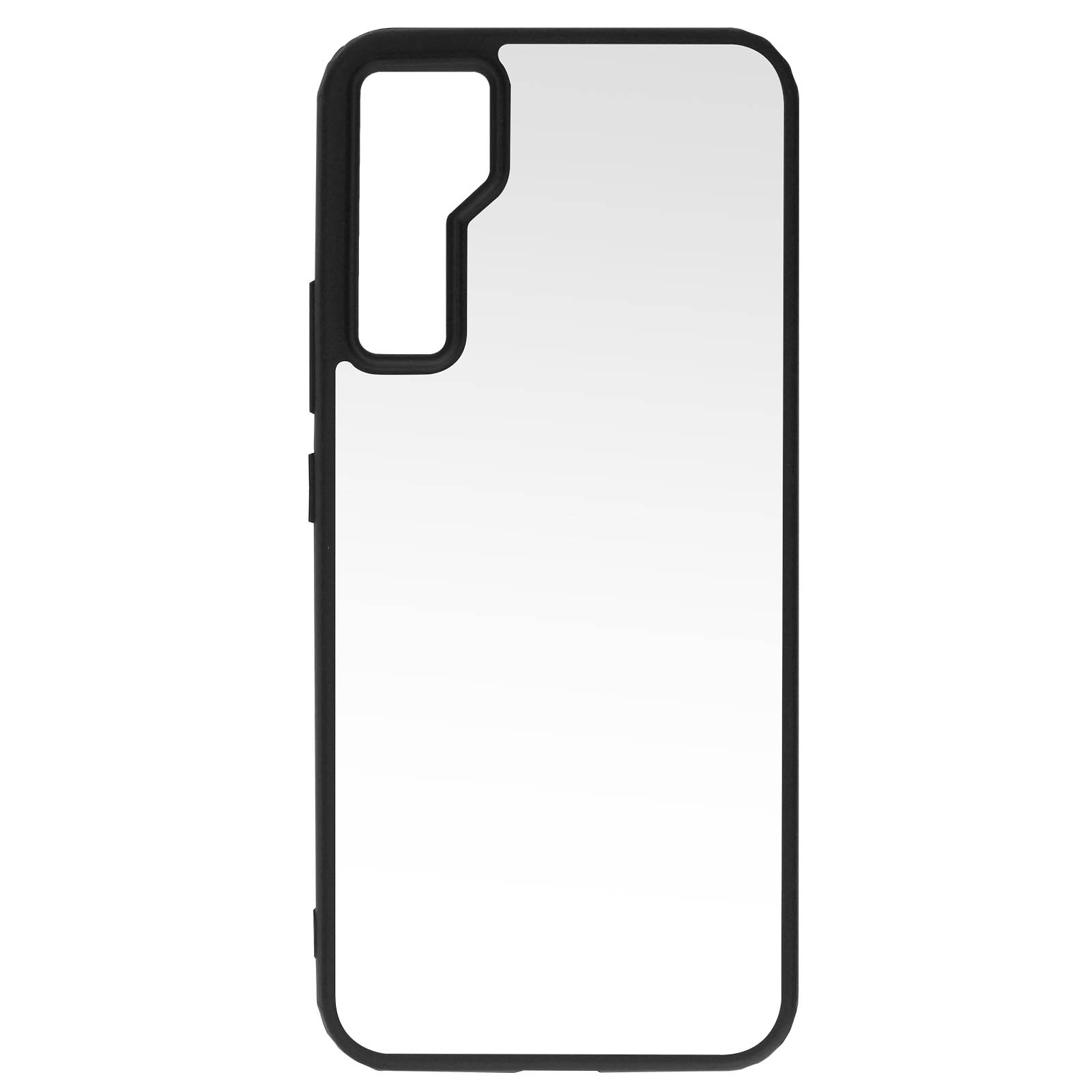 Een zwarte telefoonhoes met een witte binnenkant. De uitsparing voor de camera is zichtbaar.