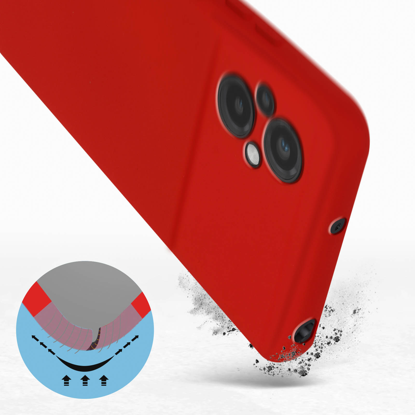 Rote Handyhülle mit Staubgrafik, die das Telefon schützt.
