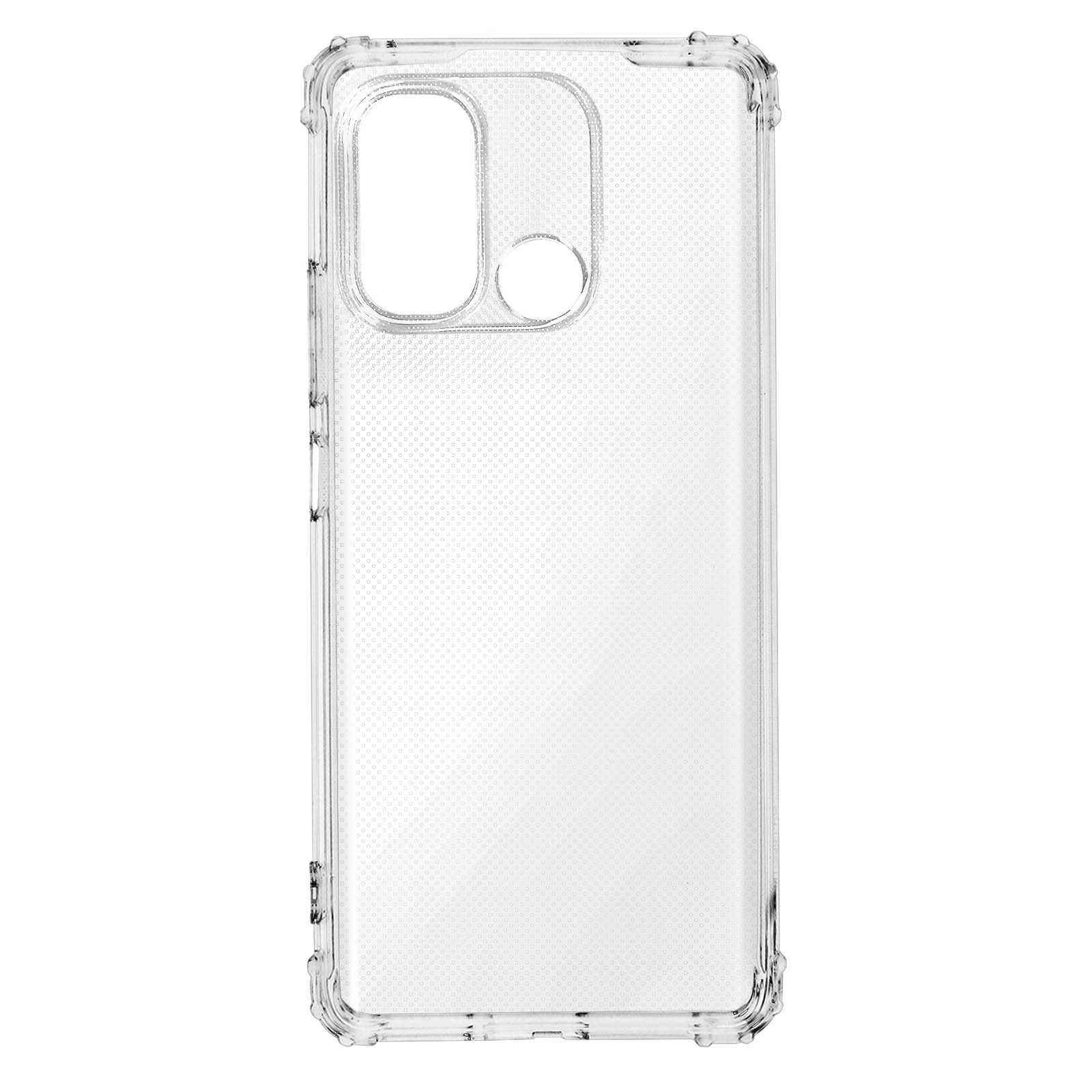 Une coque de téléphone transparente et transparente, montrant l'arrière. La coque a une texture pointillée et est droite.