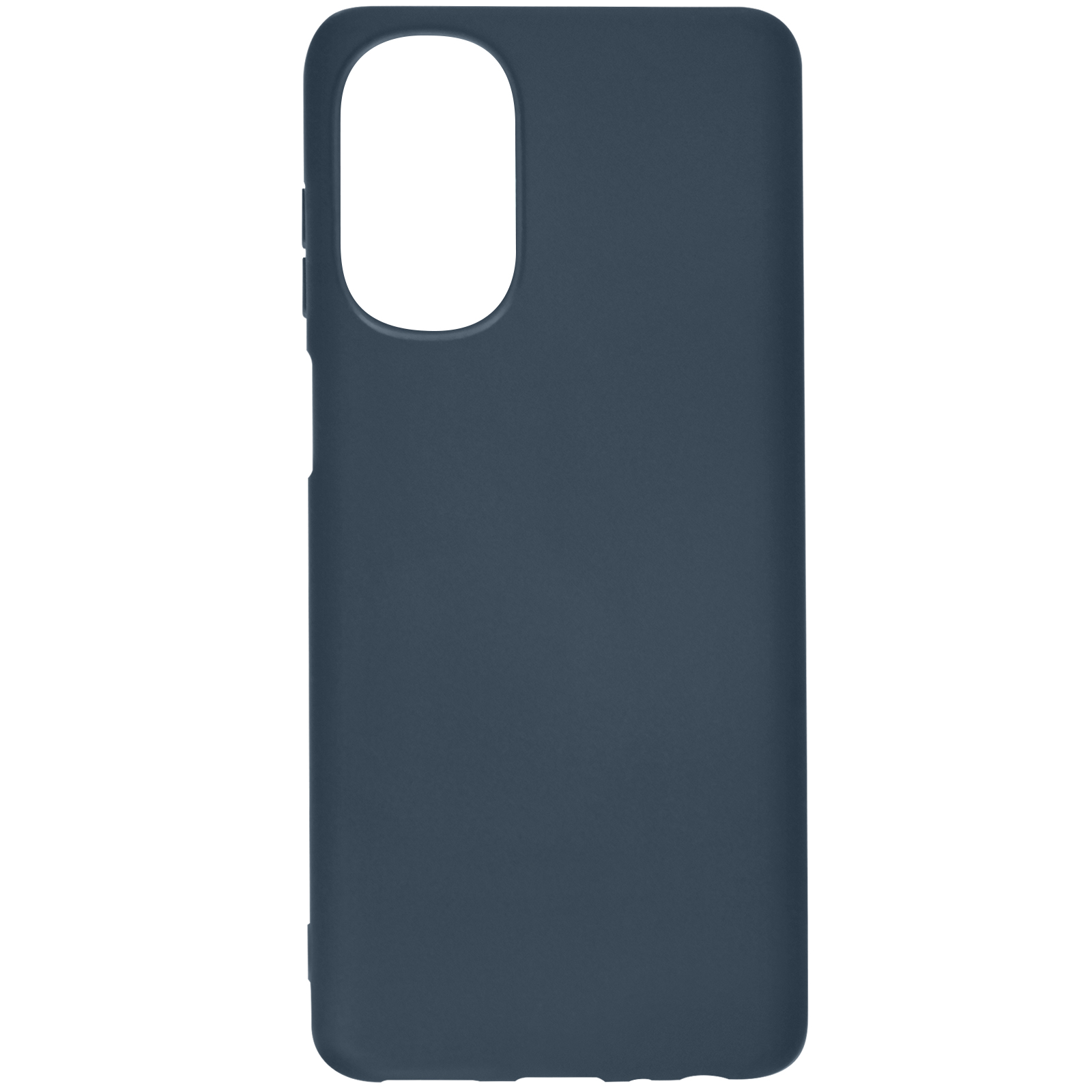 Custodia blu navy, copre retro e lati, con foro per fotocamera.