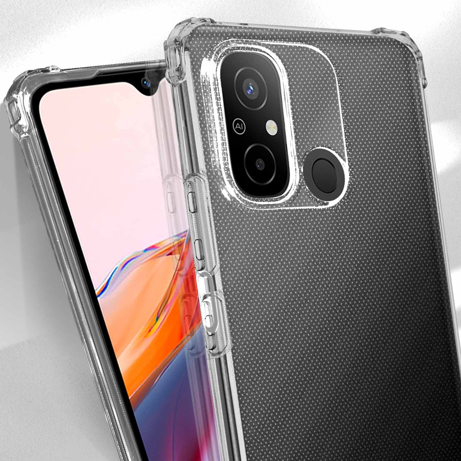 Coque de téléphone transparente sur un téléphone montrant la caméra et l'écran. Motif à pois au dos.