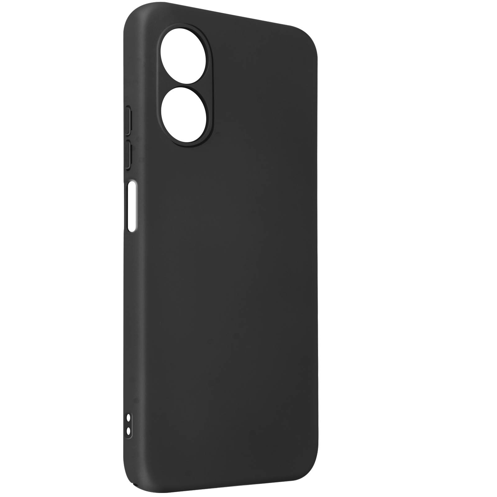 Una semplice custodia nera per telefono con aperture per fotocamera e pulsanti, su sfondo bianco.