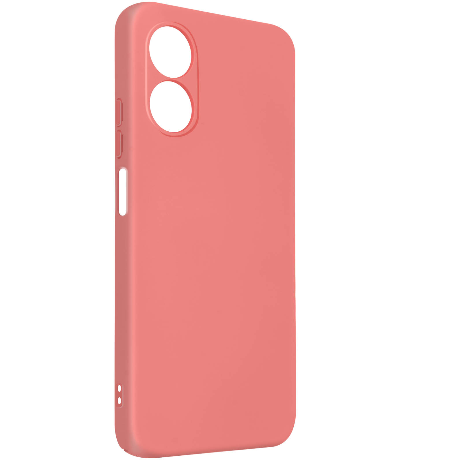Una custodia per telefono color corallo con due fori per la fotocamera.