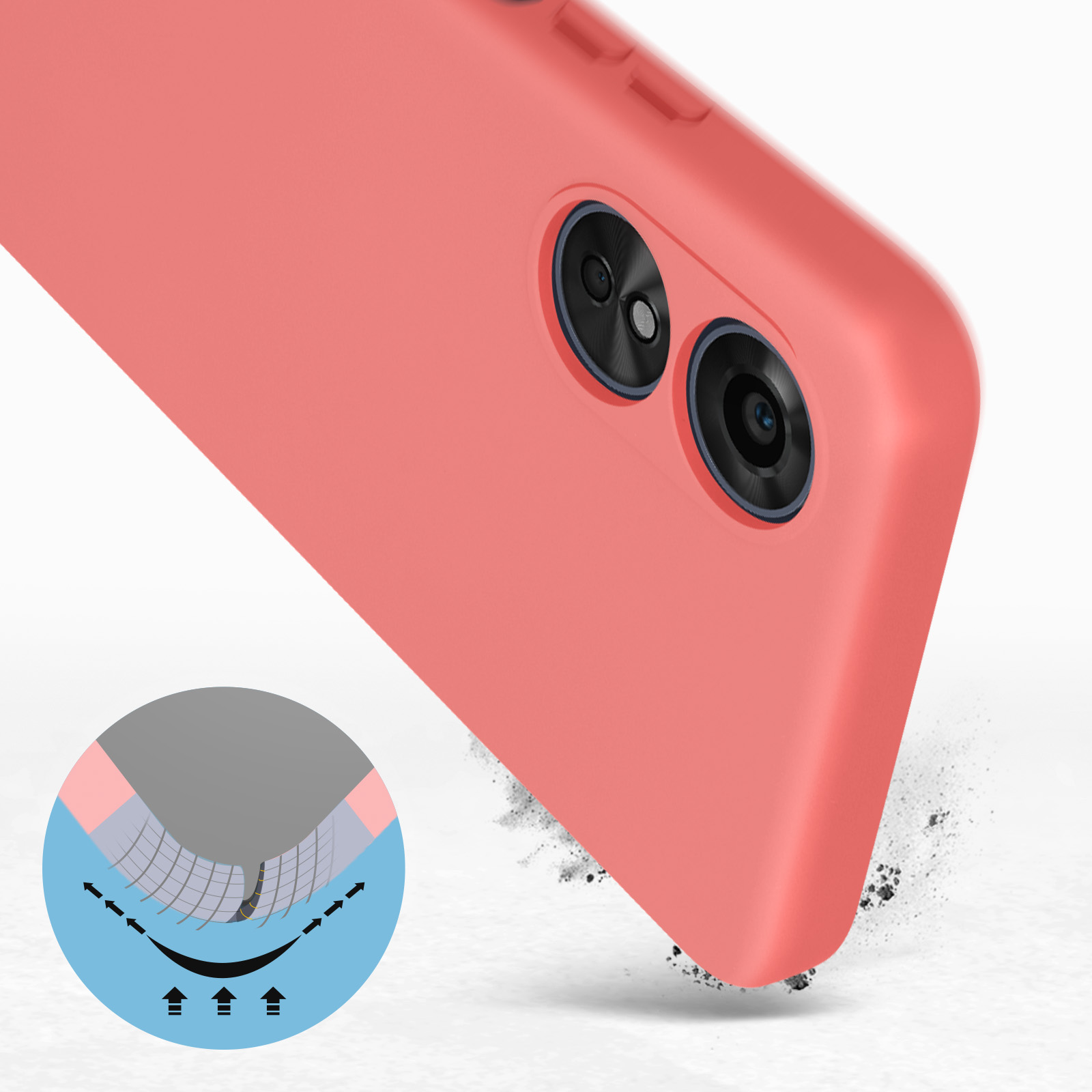 Primo piano di una custodia per telefono color corallo con due obiettivi.