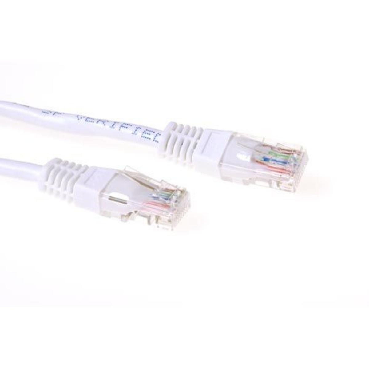 Two white ethernet cables with connectors visible. The cables are on a white backdrop.